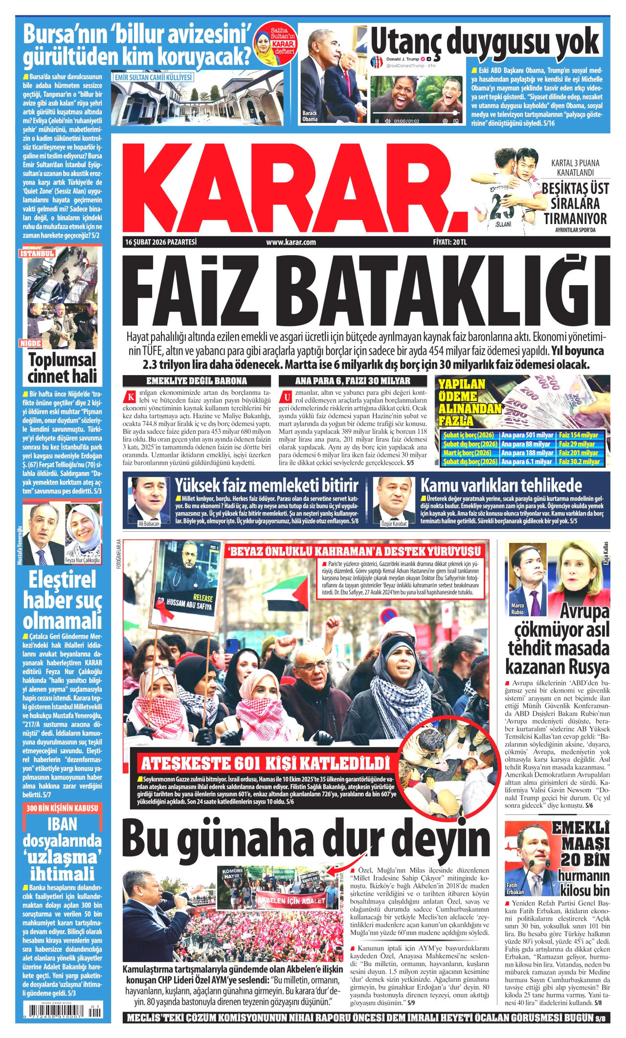 KARAR gazetesinin 16 Şubat 2026 tarihli birinci sayfası