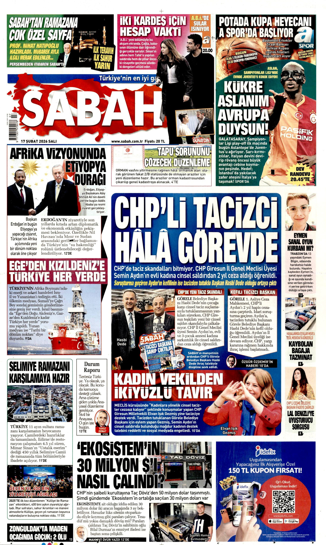 SABAH gazetesinin 17 Şubat 2026 tarihli birinci sayfası