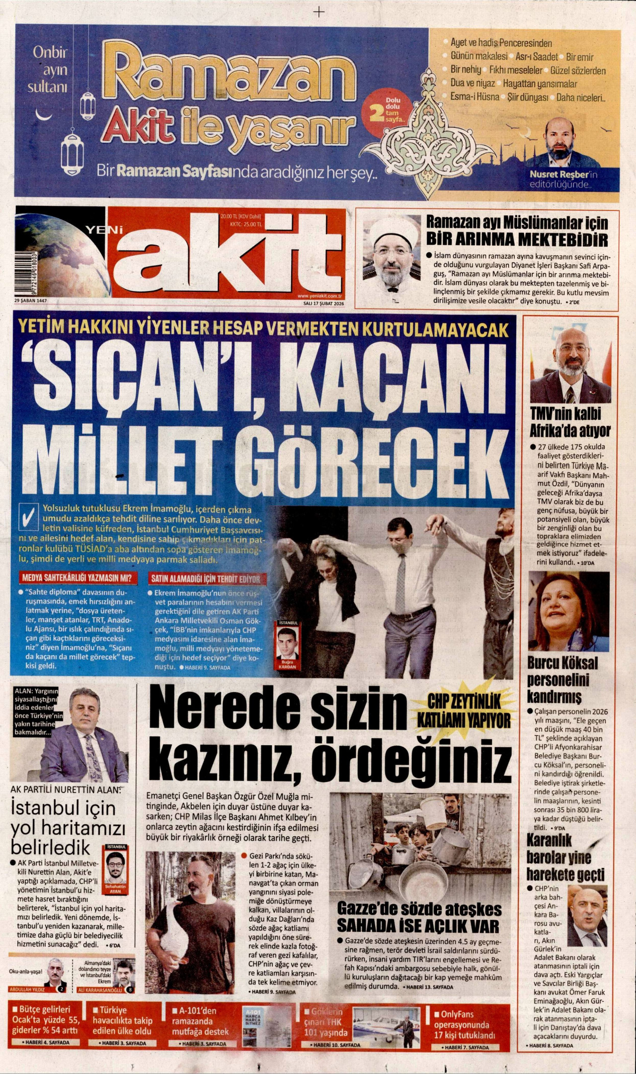 YENİ AKİT gazetesinin 17 Şubat 2026 tarihli birinci sayfası