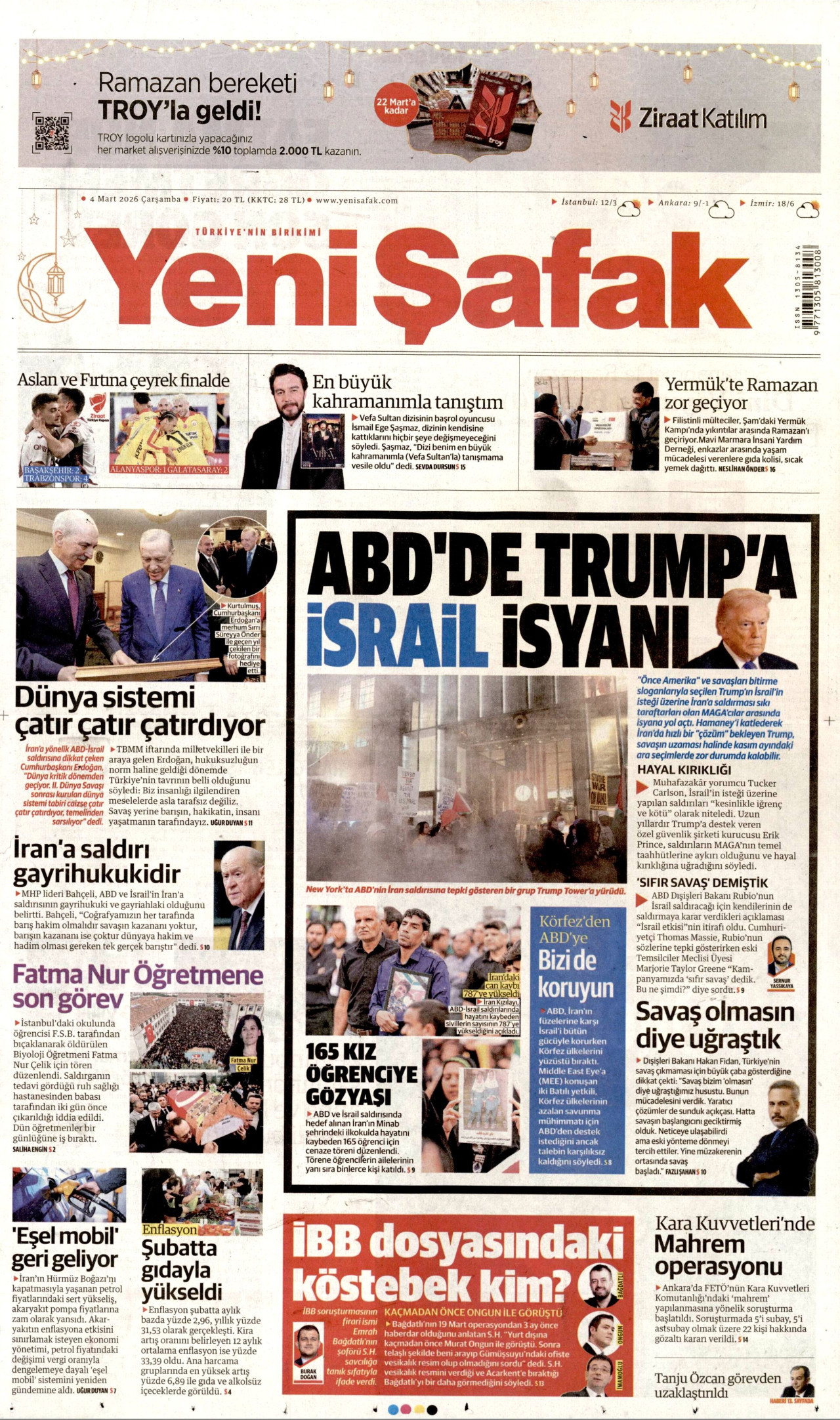 YENİ ŞAFAK gazetesinin 4 Mart 2026 tarihli birinci sayfası