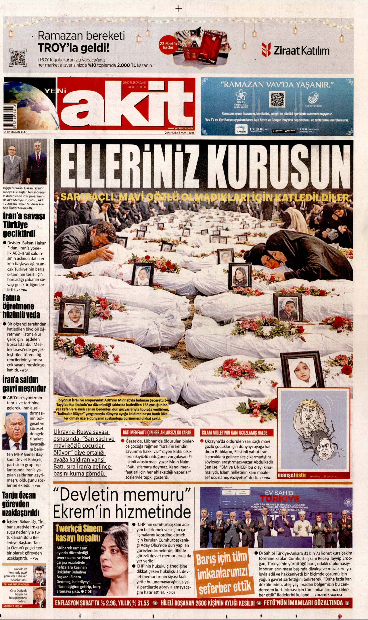 YENİ AKİT gazetesinin 4 Mart 2026 tarihli birinci sayfası