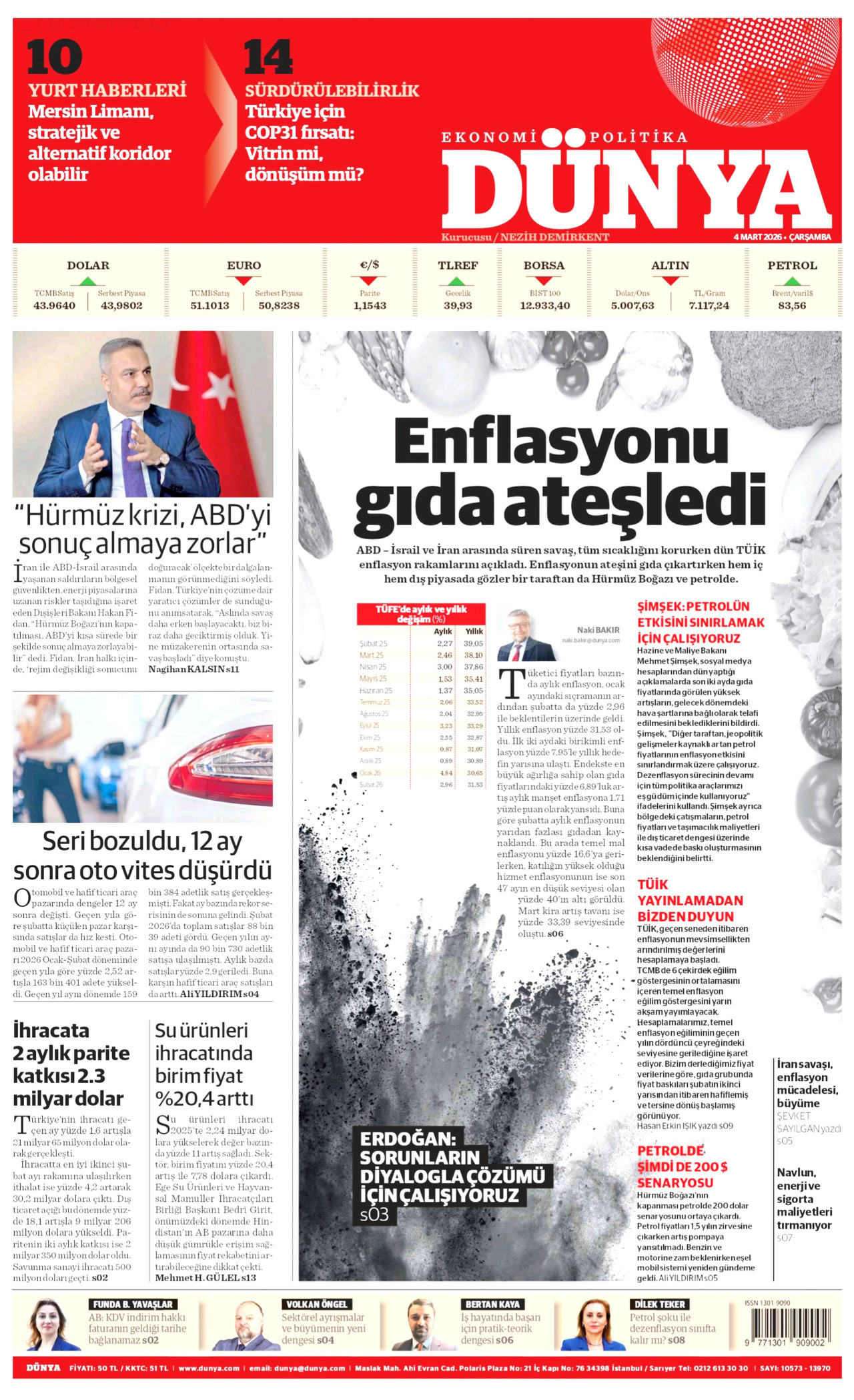 DÜNYA gazetesinin 4 Mart 2026 tarihli birinci sayfası