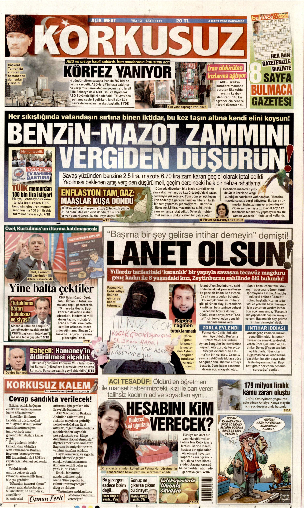 KORKUSUZ gazetesinin 4 Mart 2026 tarihli birinci sayfası