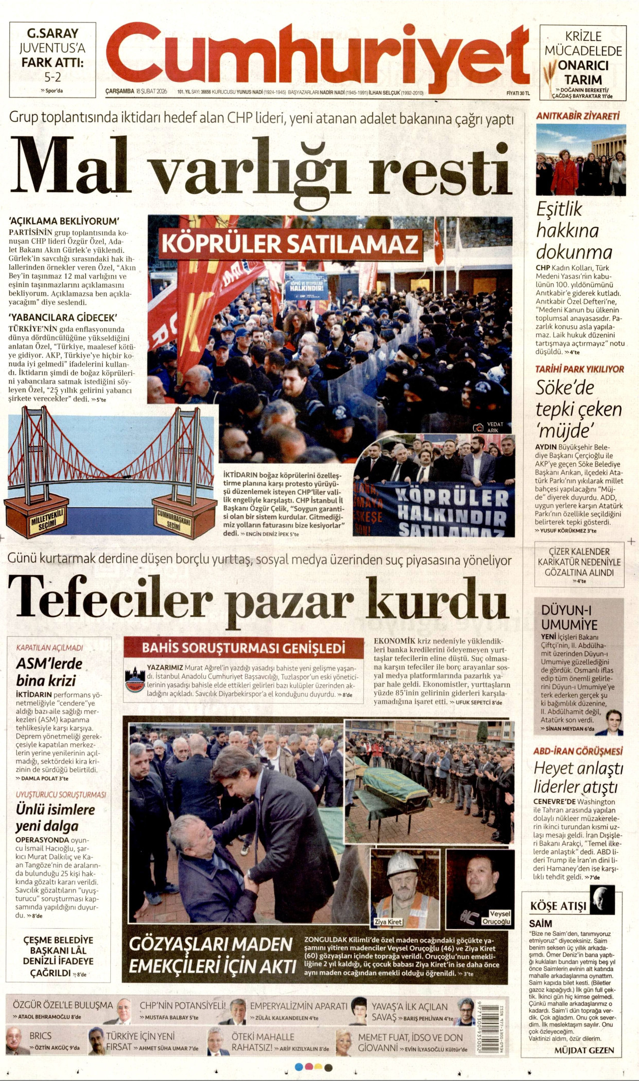 CUMHURİYET gazetesinin 18 Şubat 2026 tarihli birinci sayfası