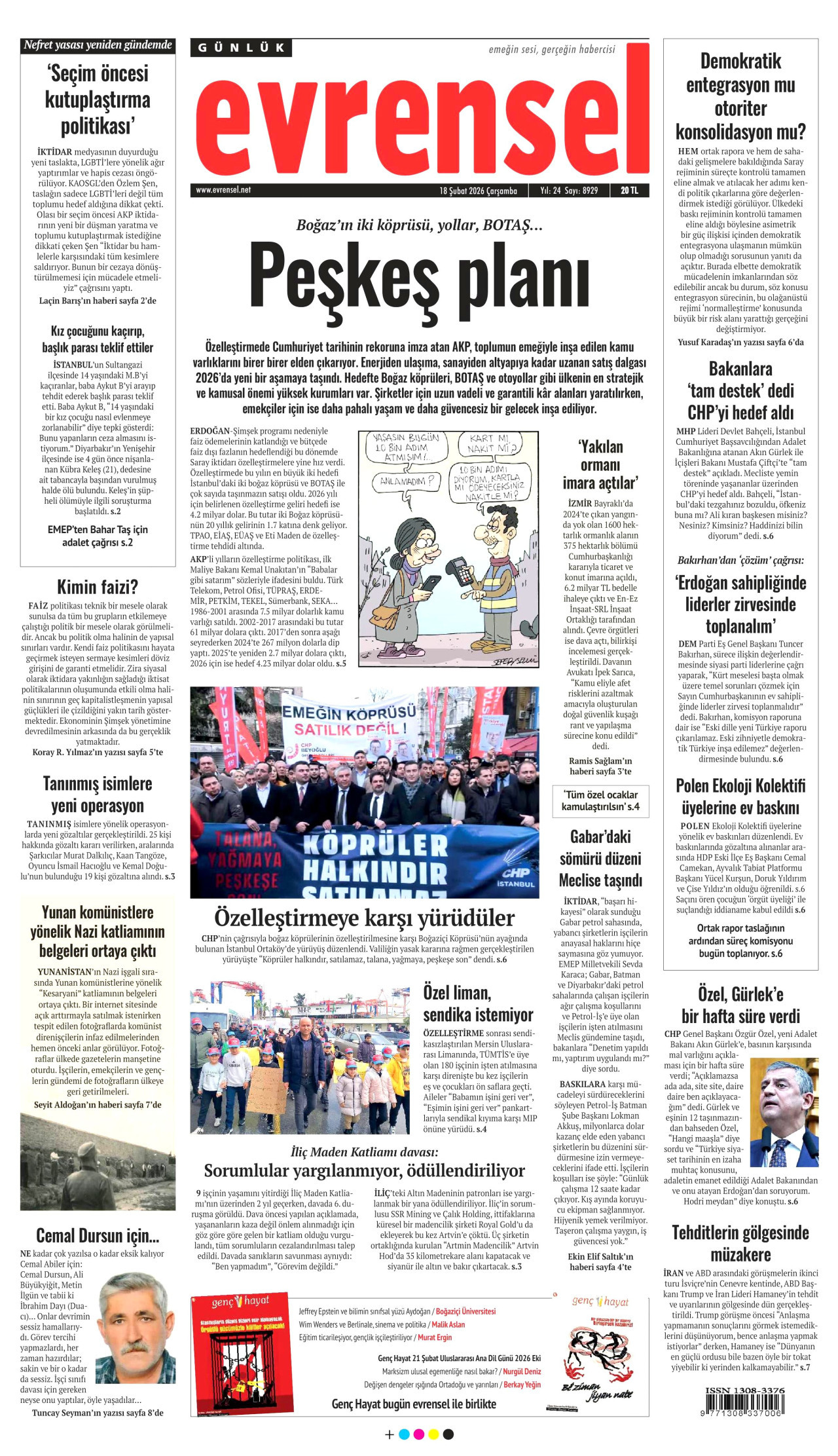 EVRENSEL gazetesinin 18 Şubat 2026 tarihli birinci sayfası