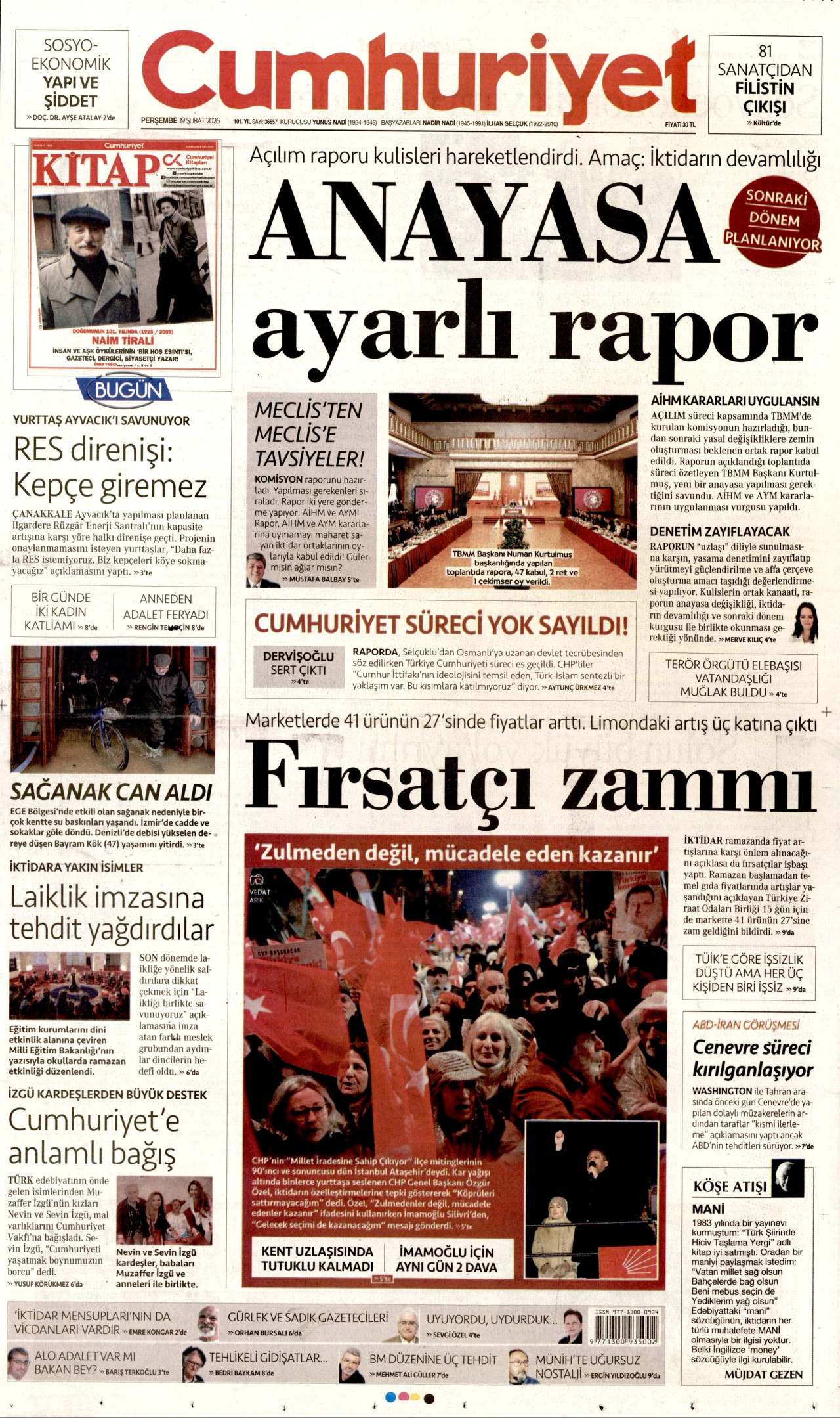 CUMHURİYET gazetesinin 19 Şubat 2026 tarihli birinci sayfası