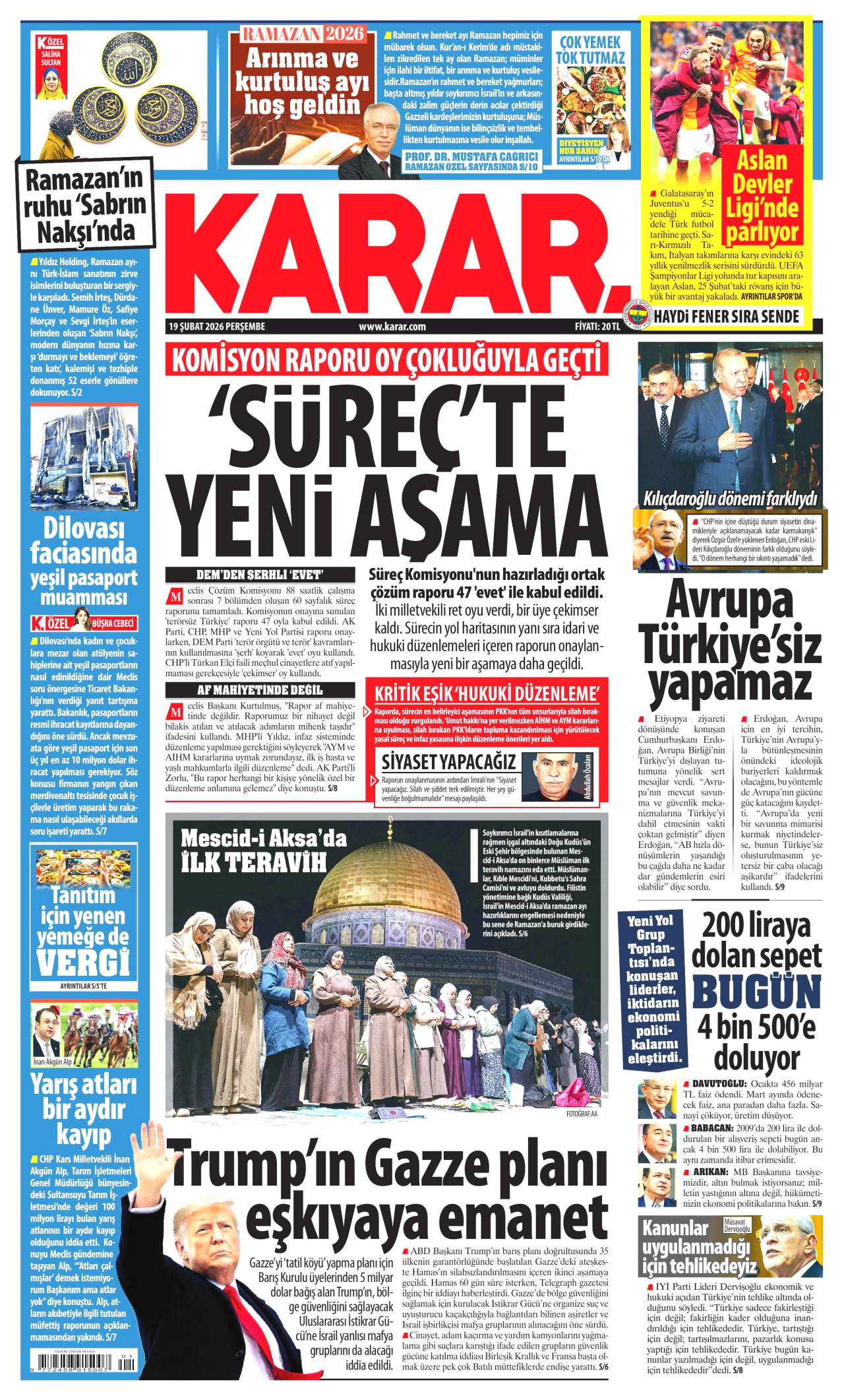 KARAR gazetesinin 19 Şubat 2026 tarihli birinci sayfası