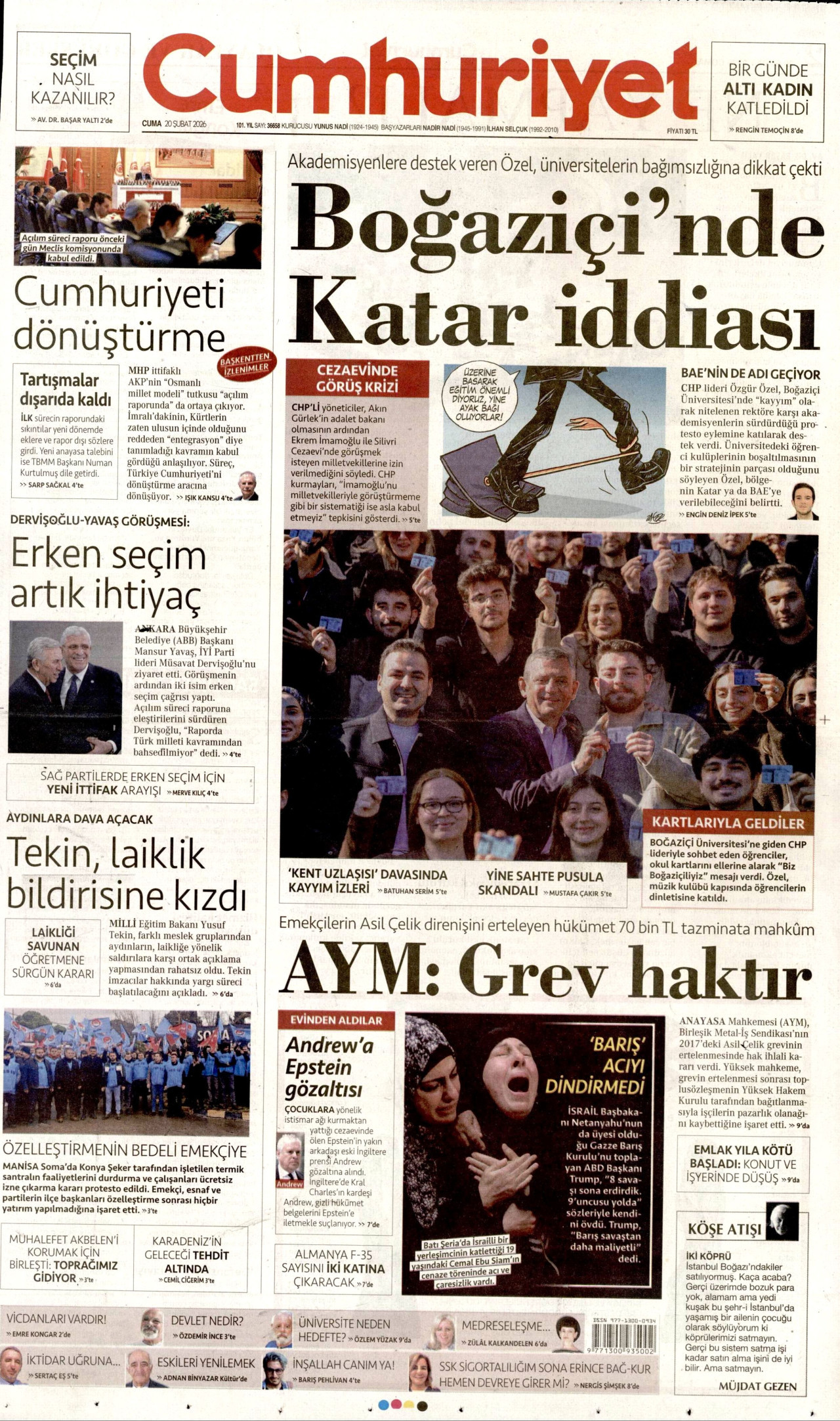 CUMHURİYET gazetesinin 20 Şubat 2026 tarihli birinci sayfası