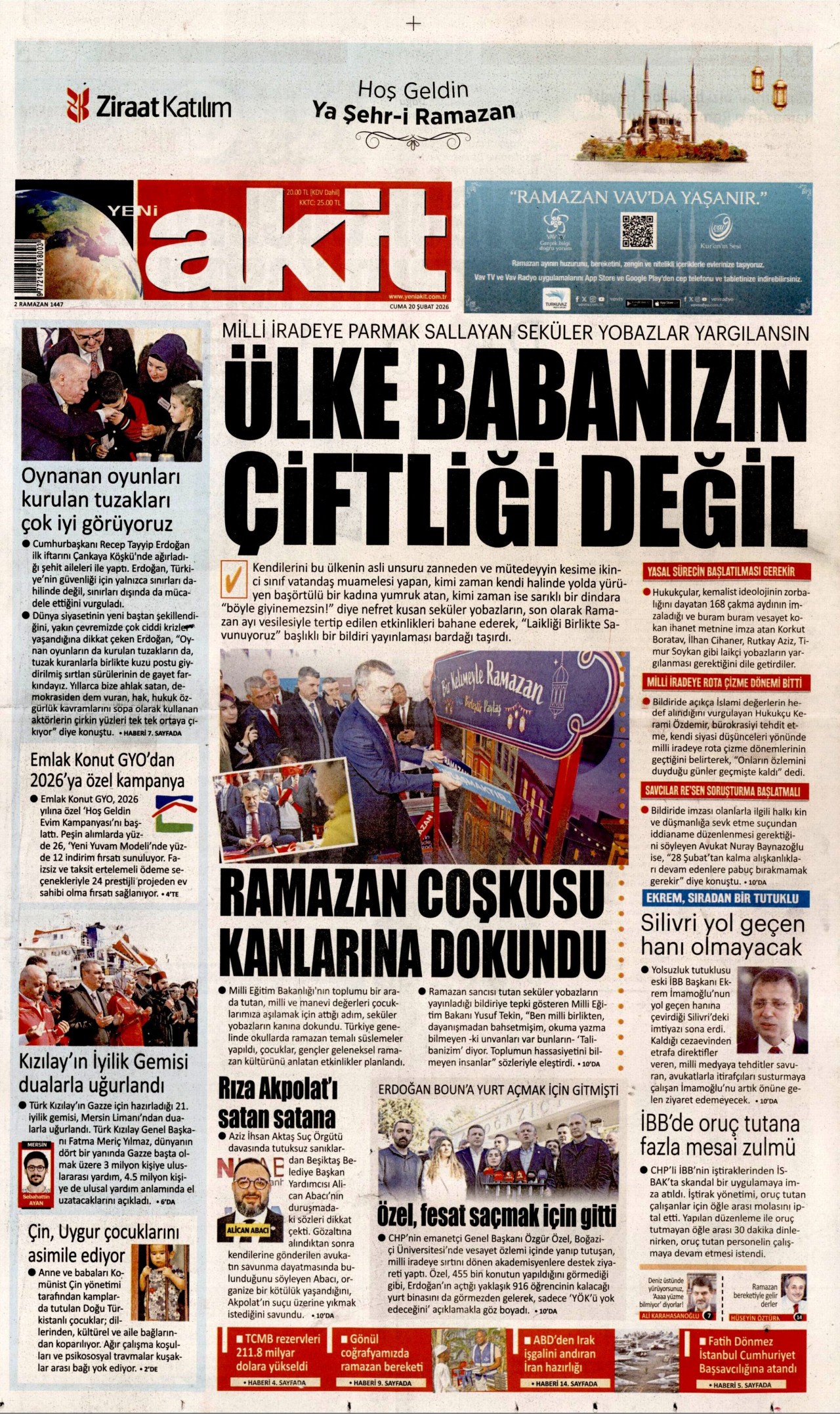 YENİ AKİT gazetesinin 20 Şubat 2026 tarihli birinci sayfası