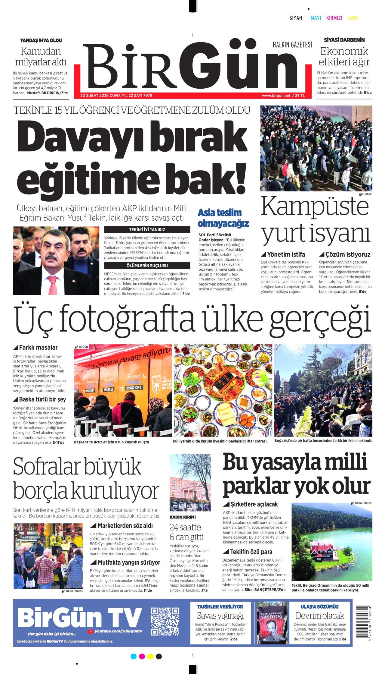 BİRGÜN gazetesinin 20 Şubat 2026 tarihli birinci sayfası