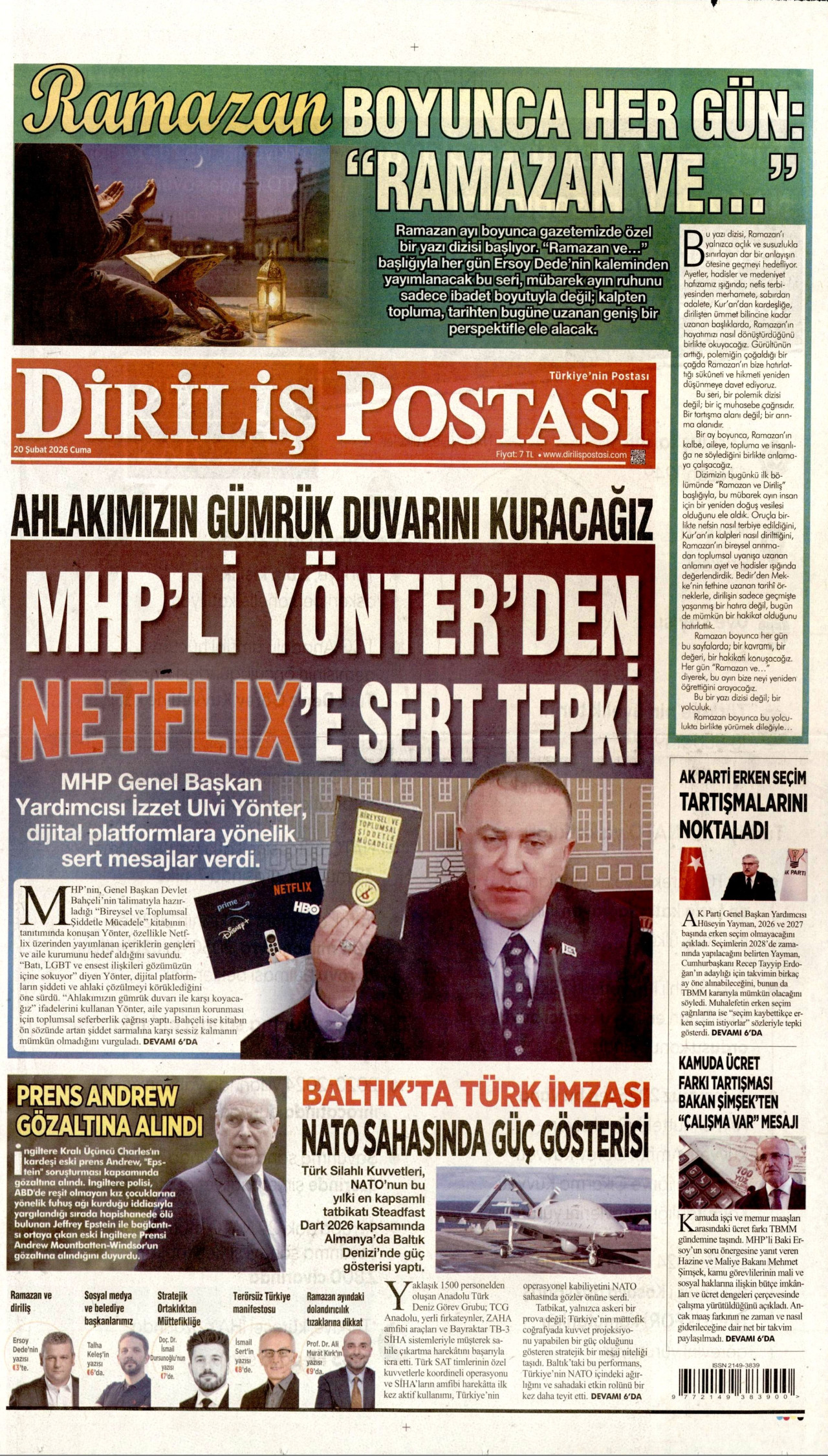 DİRİLİŞ POSTASI gazetesinin 20 Şubat 2026 tarihli birinci sayfası
