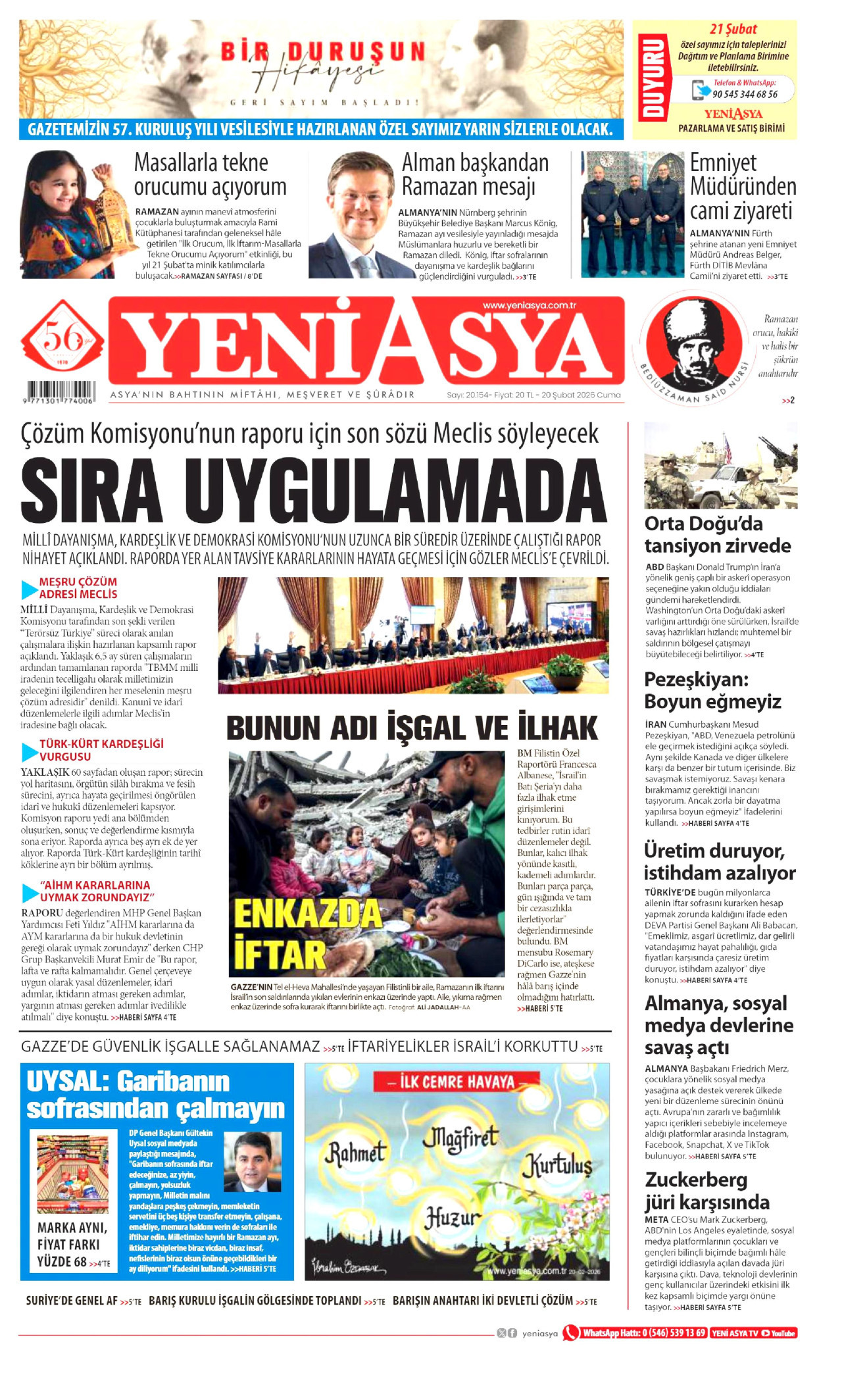 YENİ ASYA gazetesinin 20 Şubat 2026 tarihli birinci sayfası