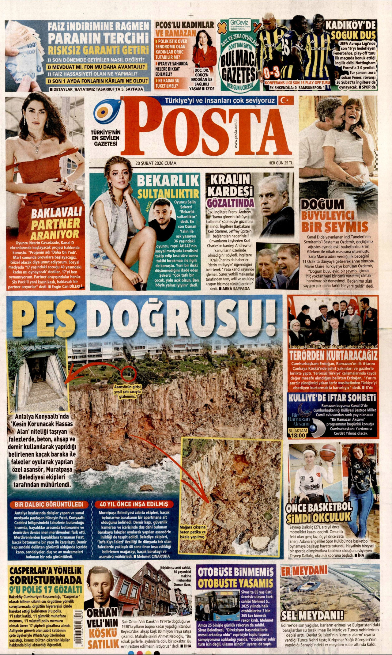 POSTA gazetesinin 20 Şubat 2026 tarihli birinci sayfası