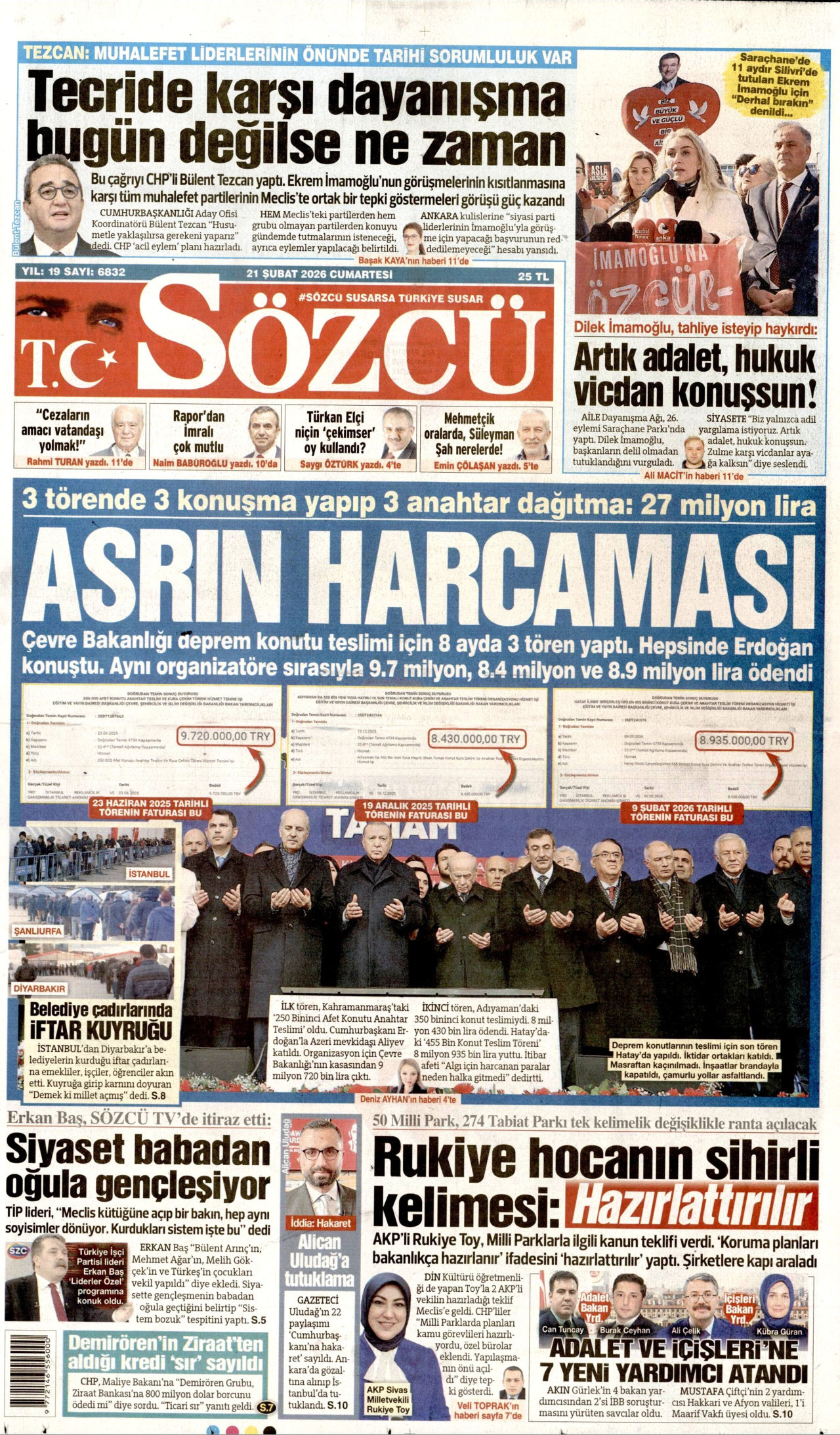 SÖZCÜ gazetesinin 21 Şubat 2026 tarihli birinci sayfası