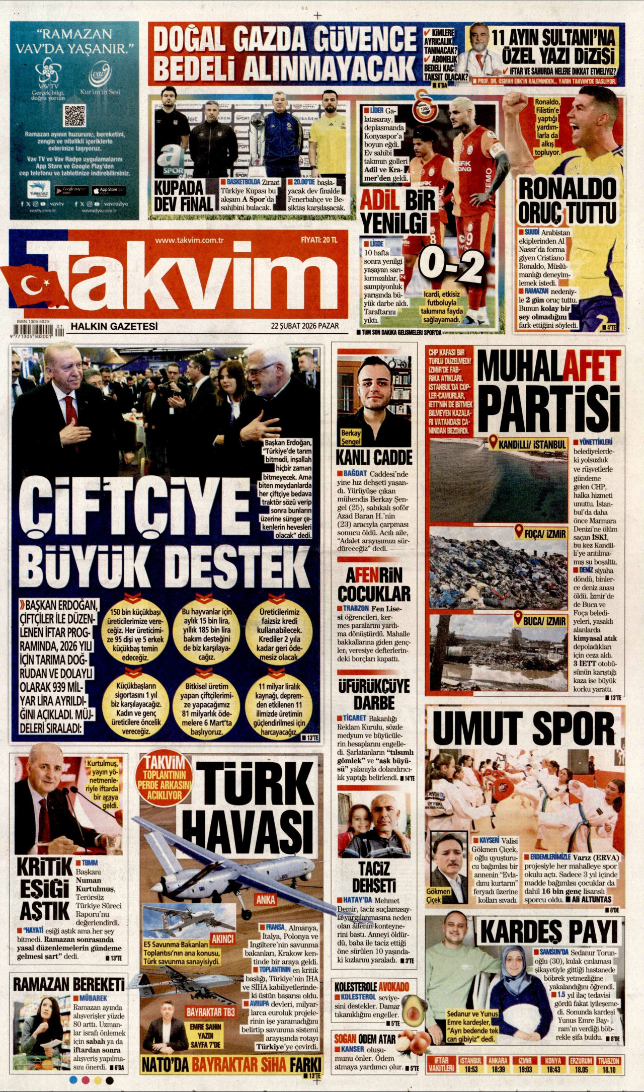 TAKVİM gazetesinin 22 Şubat 2026 tarihli birinci sayfası