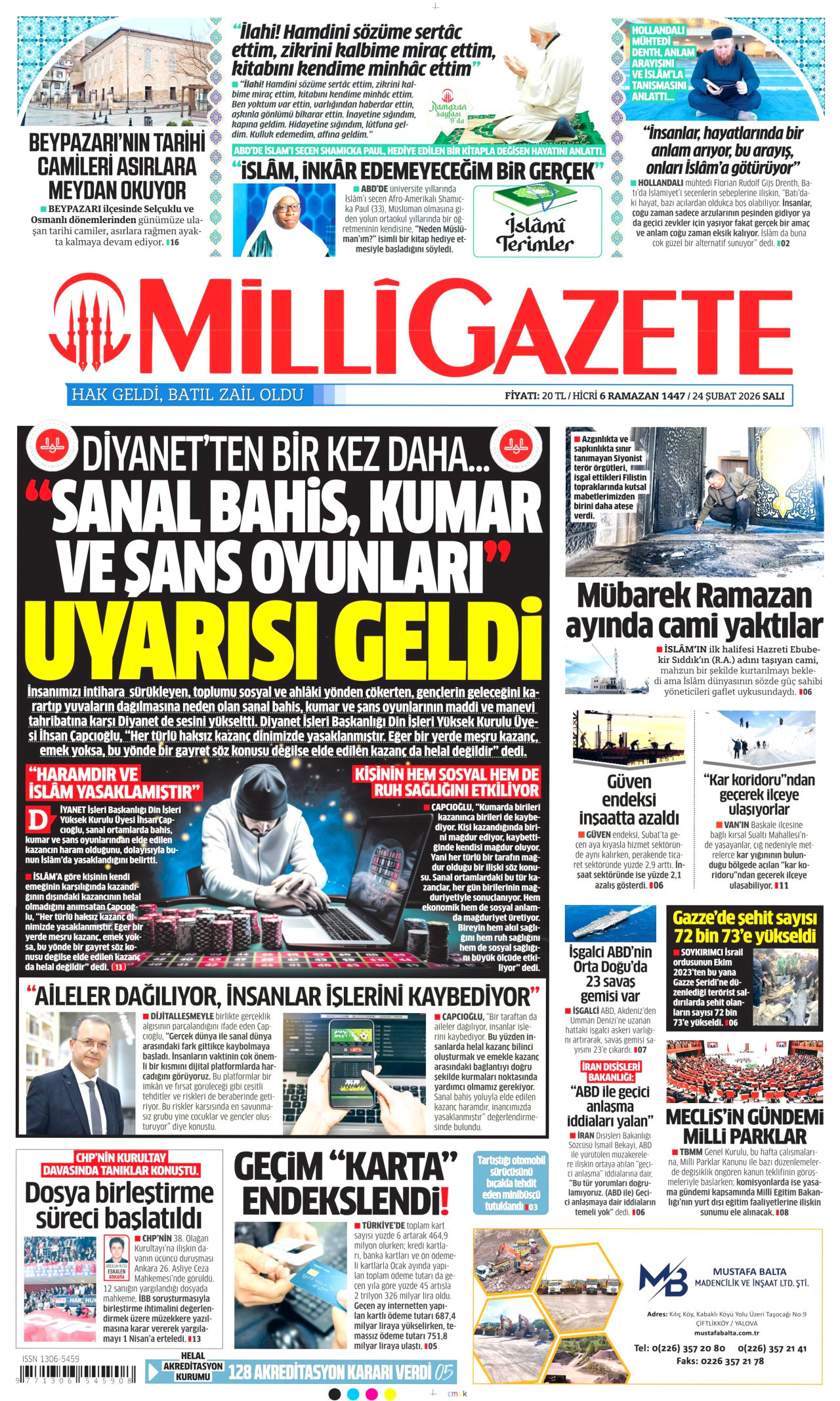 MİLLİ GAZETE gazetesinin 24 Şubat 2026 tarihli birinci sayfası