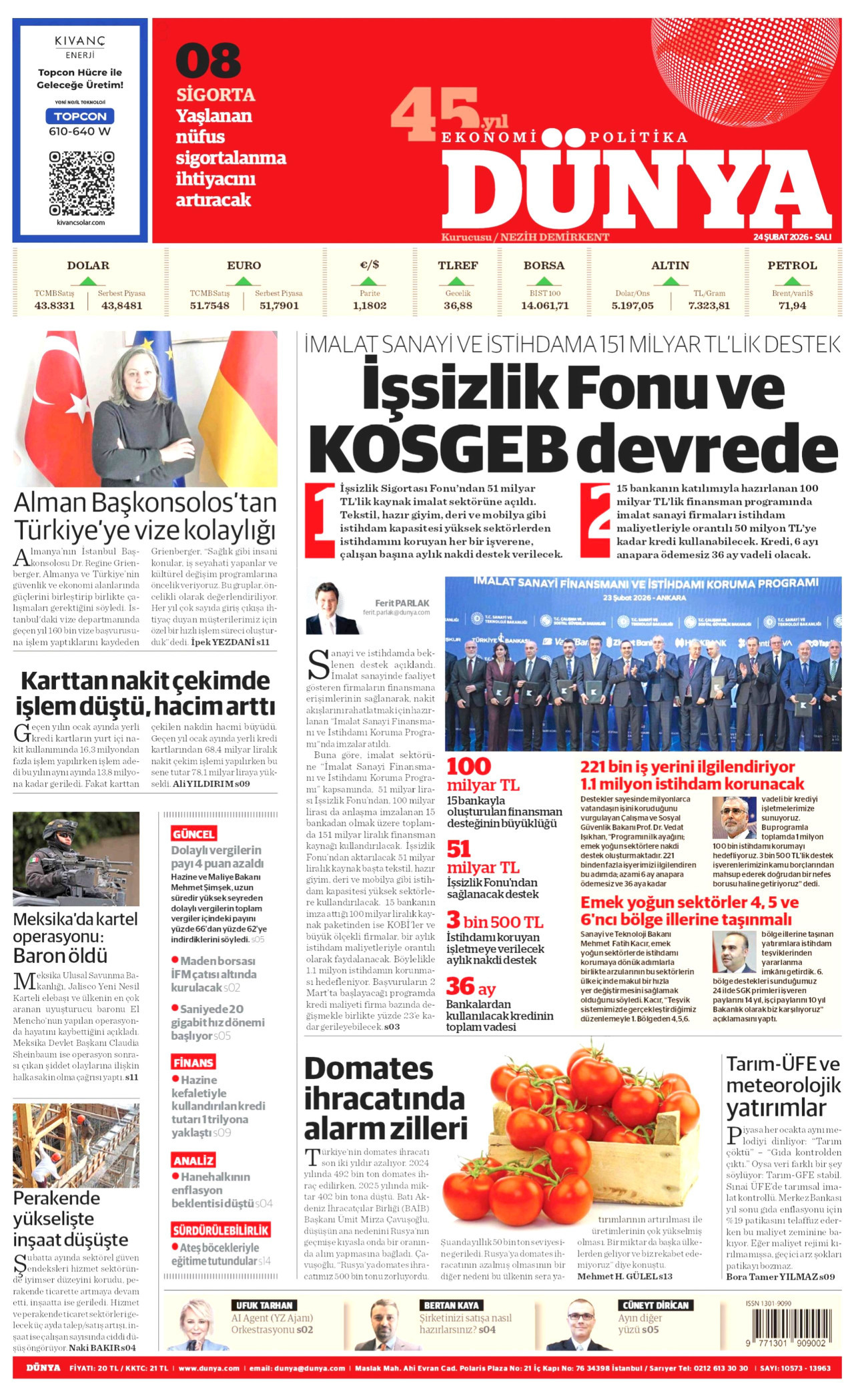 DÜNYA gazetesinin 24 Şubat 2026 tarihli birinci sayfası