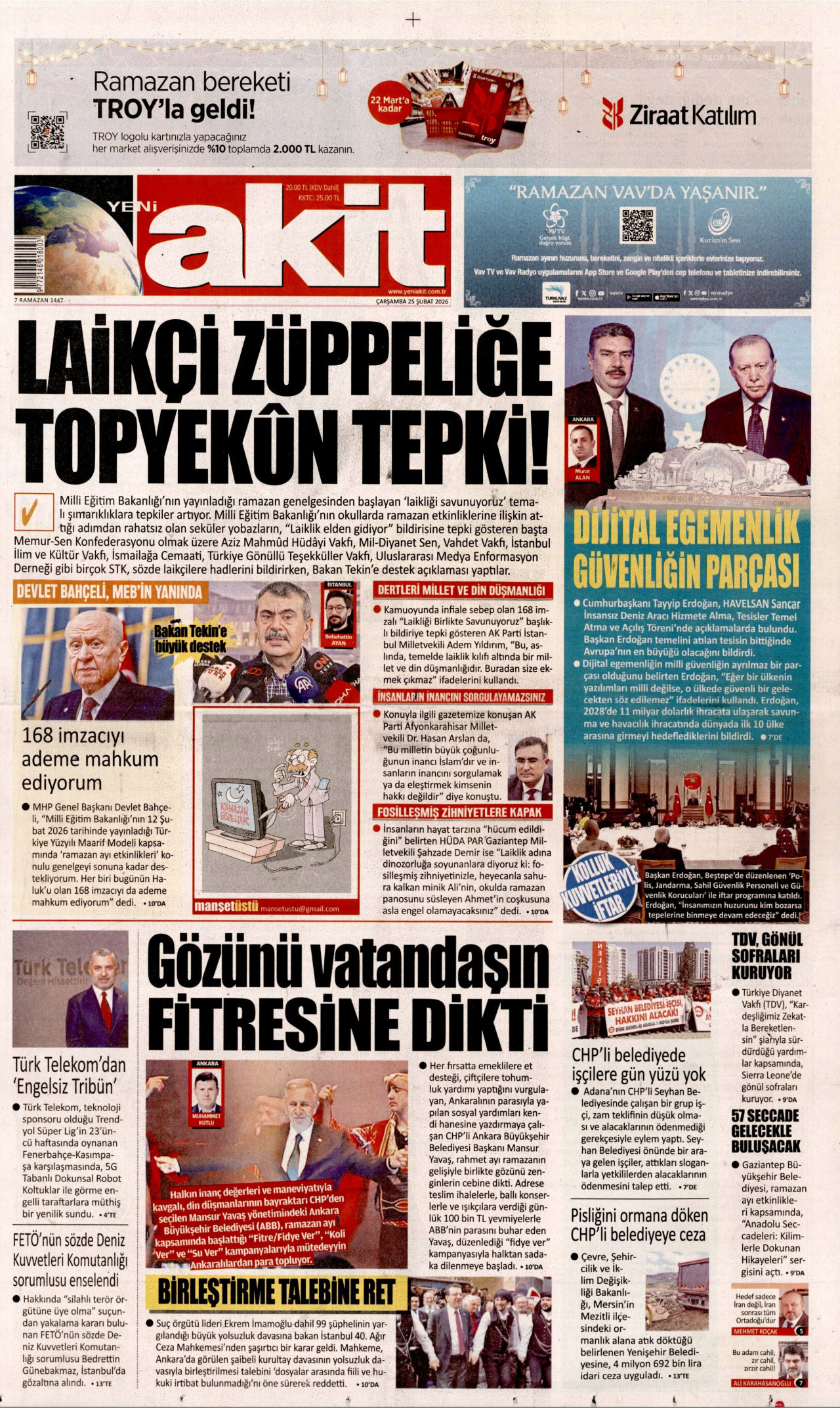 YENİ AKİT gazetesinin 25 Şubat 2026 tarihli birinci sayfası