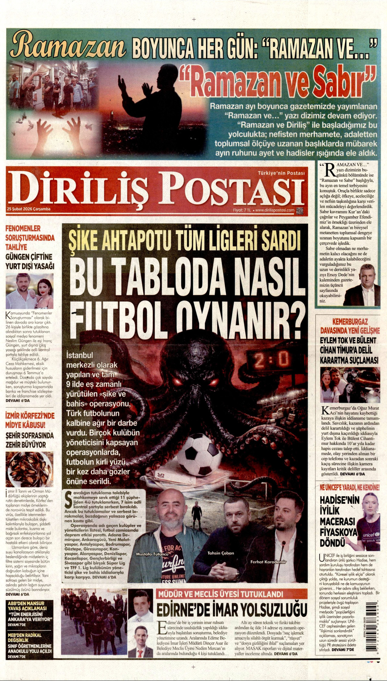 DİRİLİŞ POSTASI gazetesinin 25 Şubat 2026 tarihli birinci sayfası