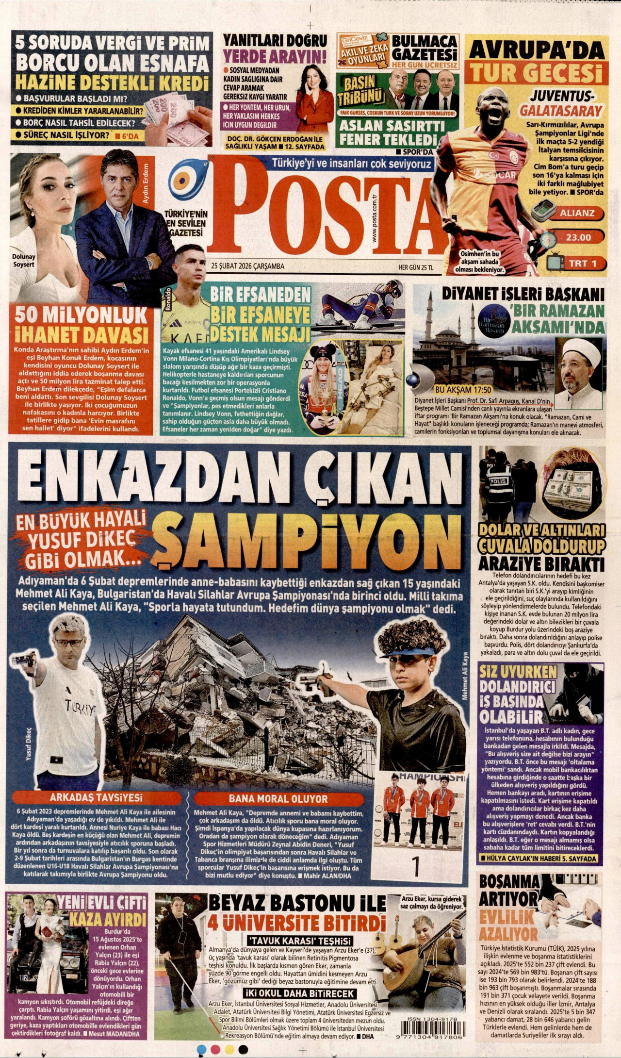 POSTA gazetesinin 25 Şubat 2026 tarihli birinci sayfası