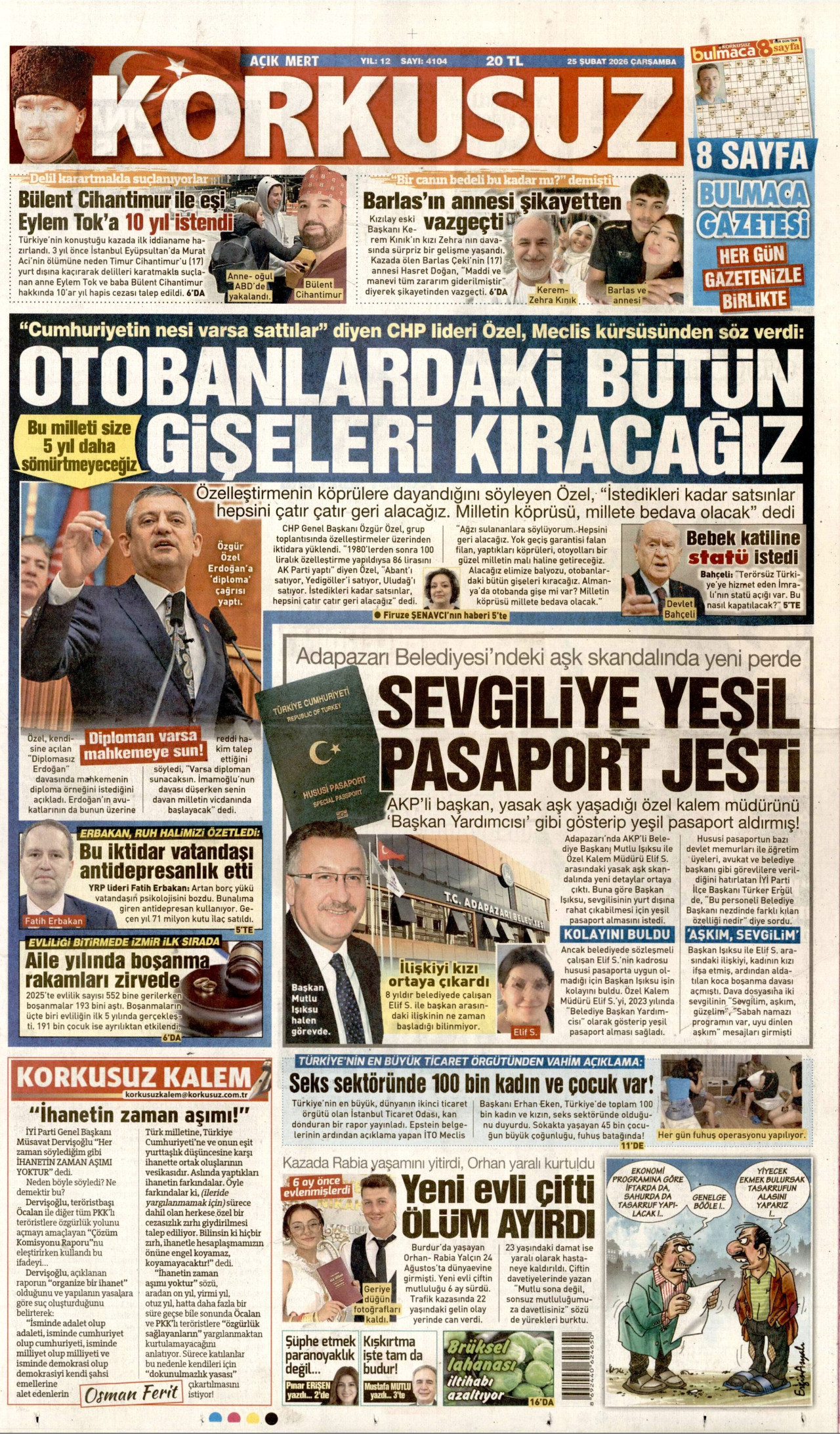 KORKUSUZ gazetesinin 25 Şubat 2026 tarihli birinci sayfası