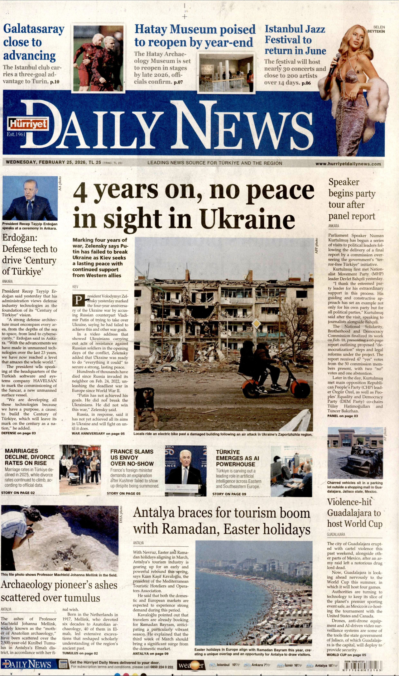 HÜRRİYET DAİLY NEWS gazetesinin 25 Şubat 2026 tarihli birinci sayfası