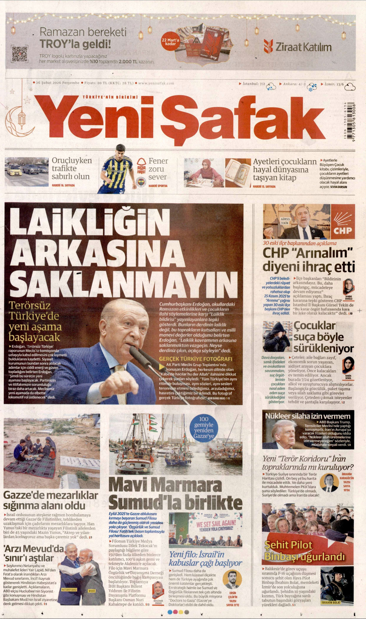 YENİ ŞAFAK gazetesinin 26 Şubat 2026 tarihli birinci sayfası
