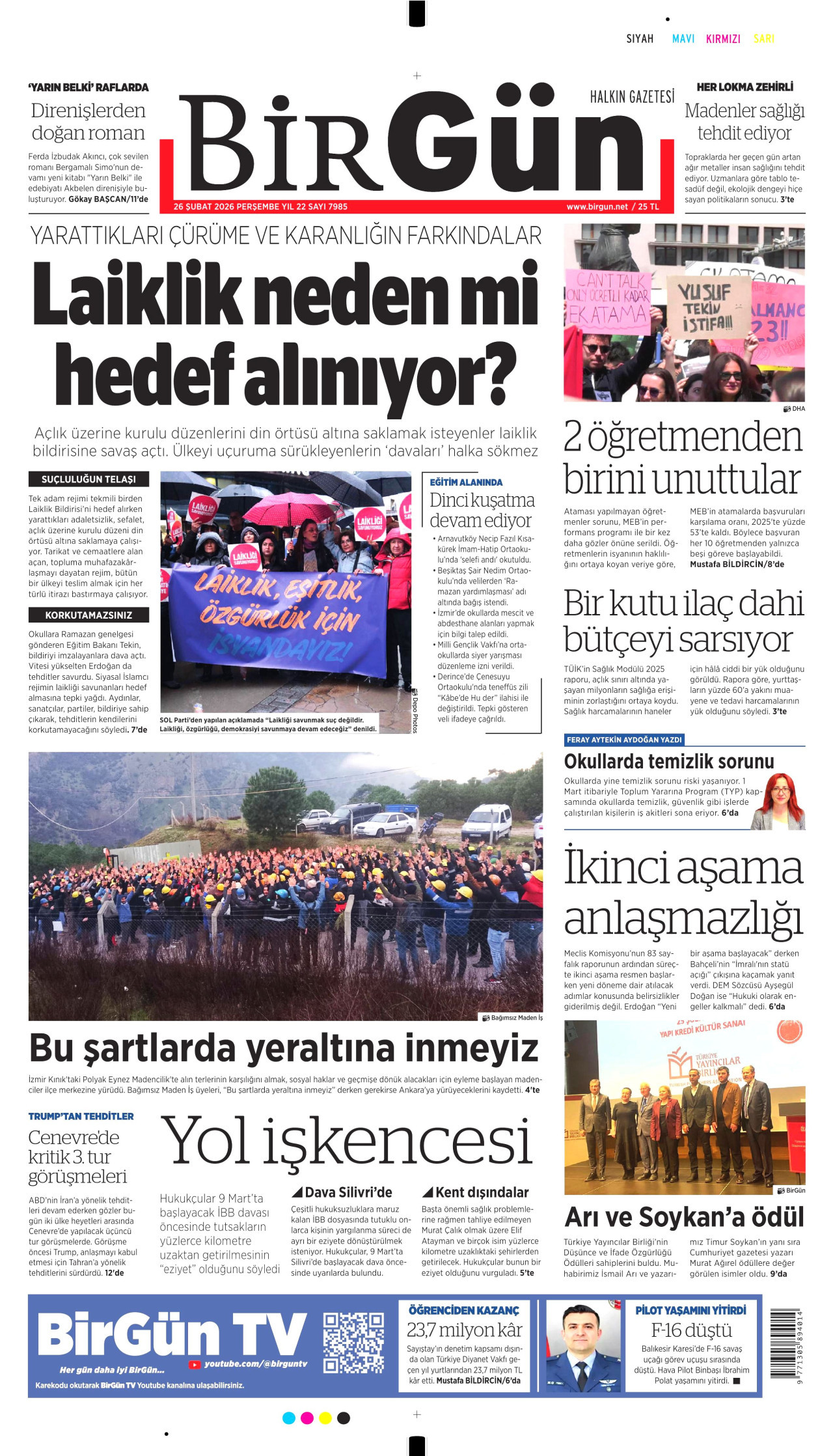 BİRGÜN gazetesinin 26 Şubat 2026 tarihli birinci sayfası