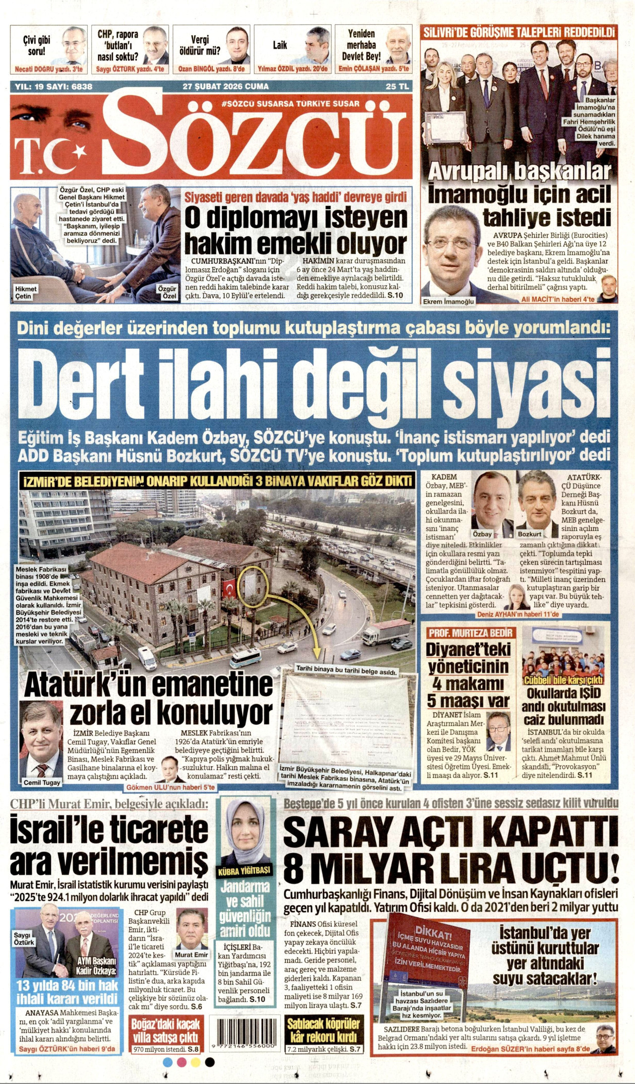 SÖZCÜ gazetesinin 27 Şubat 2026 tarihli birinci sayfası