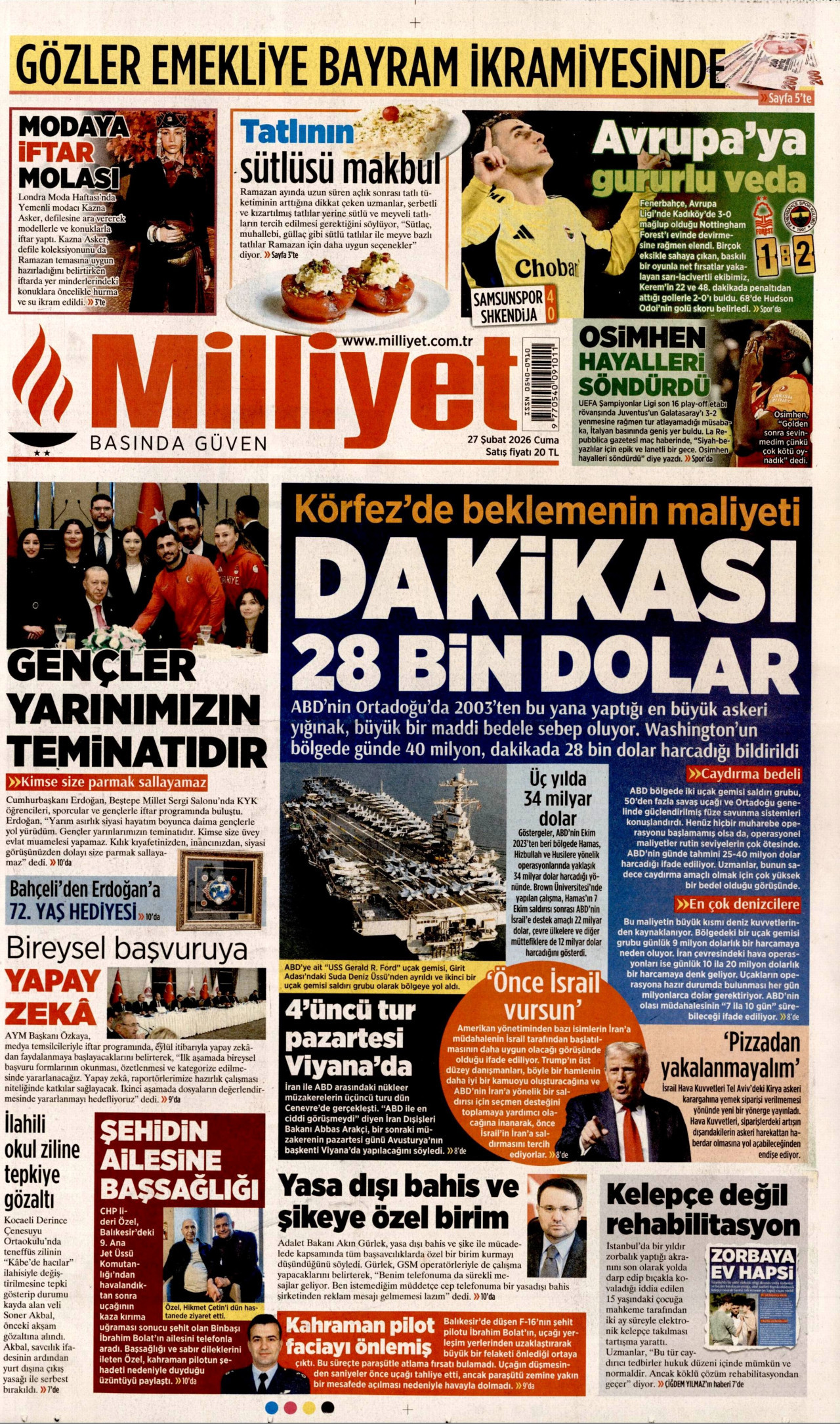 MİLLİYET gazetesinin 27 Şubat 2026 tarihli birinci sayfası