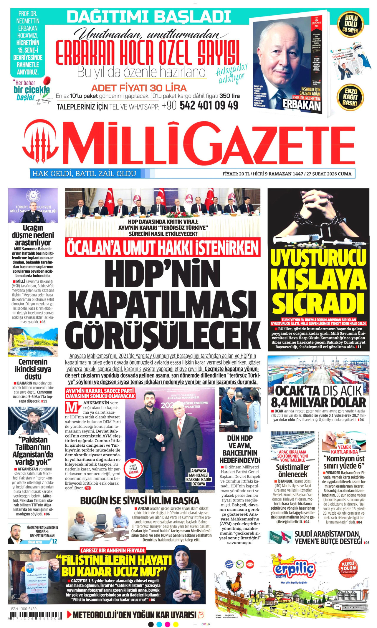 MİLLİ GAZETE gazetesinin 27 Şubat 2026 tarihli birinci sayfası
