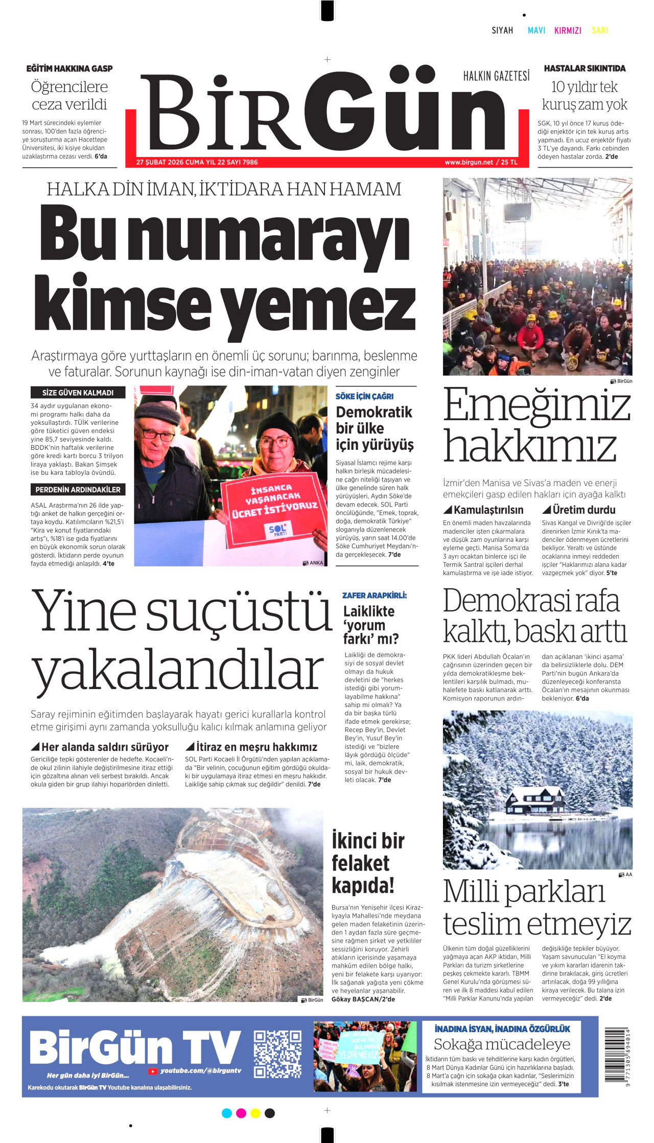 BİRGÜN gazetesinin 27 Şubat 2026 tarihli birinci sayfası