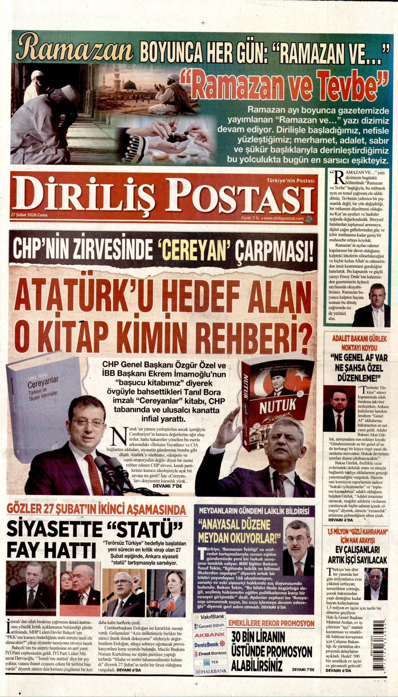 DİRİLİŞ POSTASI gazetesinin 27 Şubat 2026 tarihli birinci sayfası