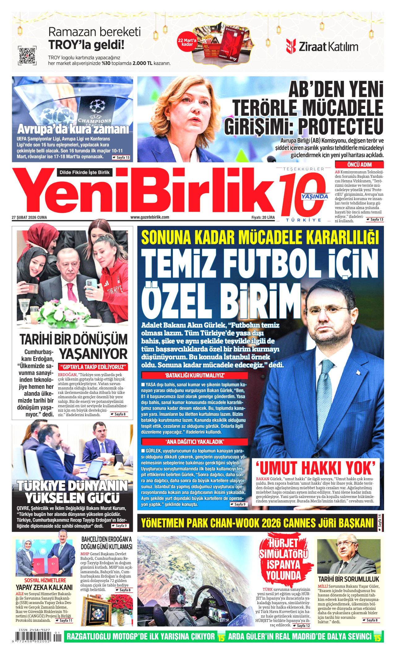 YENİBİRLİK gazetesinin 27 Şubat 2026 tarihli birinci sayfası