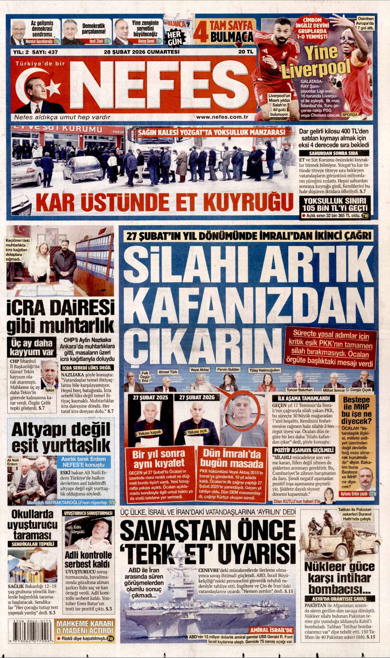 NEFES gazetesinin 28 Şubat 2026 tarihli birinci sayfası