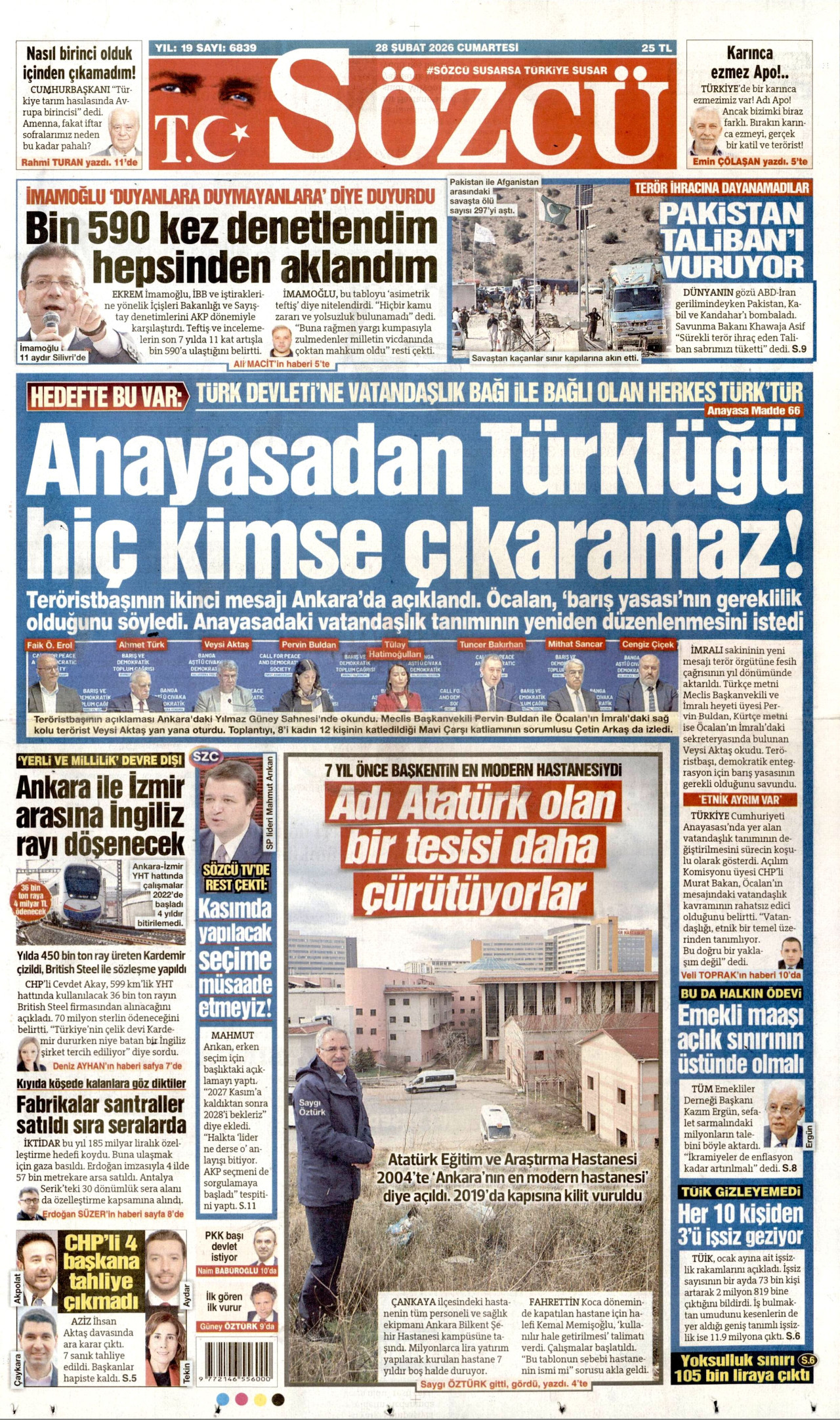 SÖZCÜ gazetesinin 28 Şubat 2026 tarihli birinci sayfası