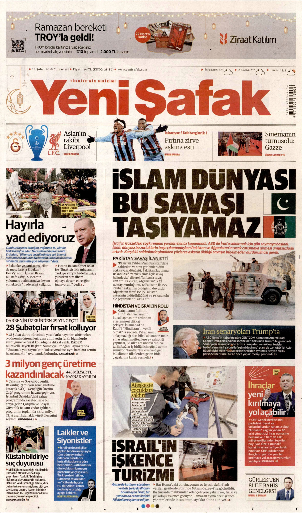 YENİ ŞAFAK gazetesinin 28 Şubat 2026 tarihli birinci sayfası