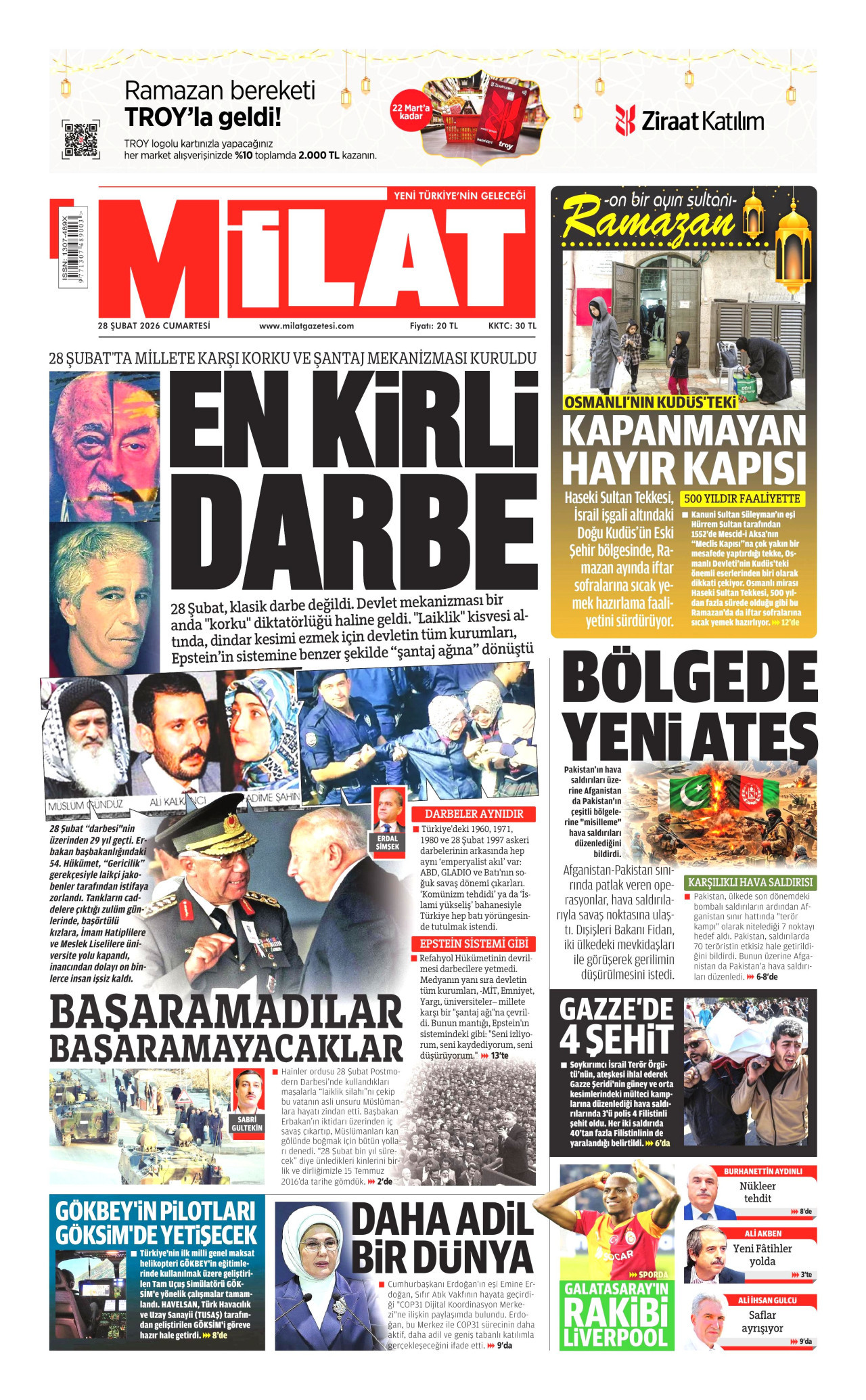 MİLAT gazetesinin 28 Şubat 2026 tarihli birinci sayfası