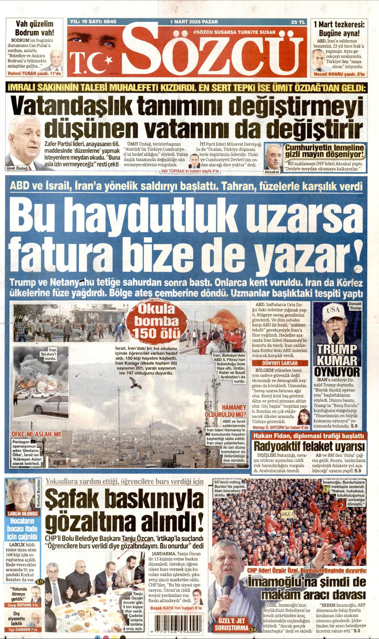 SÖZCÜ gazetesinin 1 Mart 2026 tarihli birinci sayfası