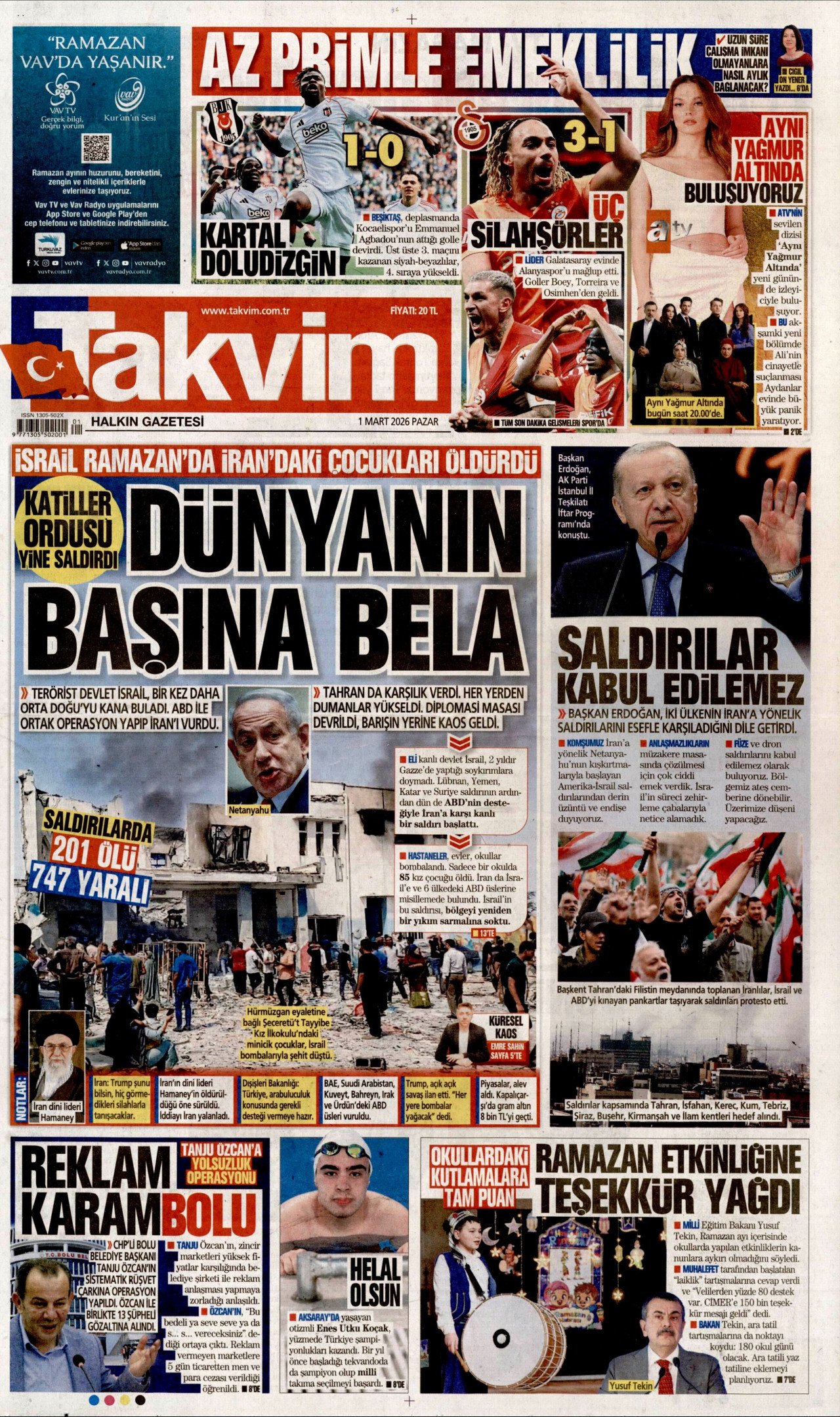 TAKVİM gazetesinin 1 Mart 2026 tarihli birinci sayfası