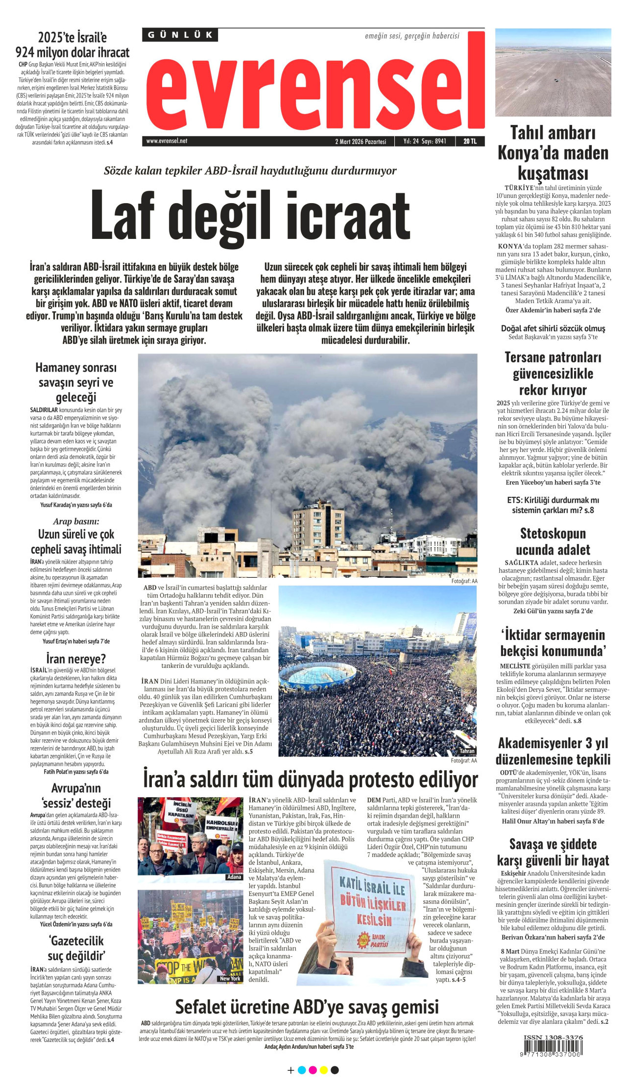 EVRENSEL gazetesinin 2 Mart 2026 tarihli birinci sayfası