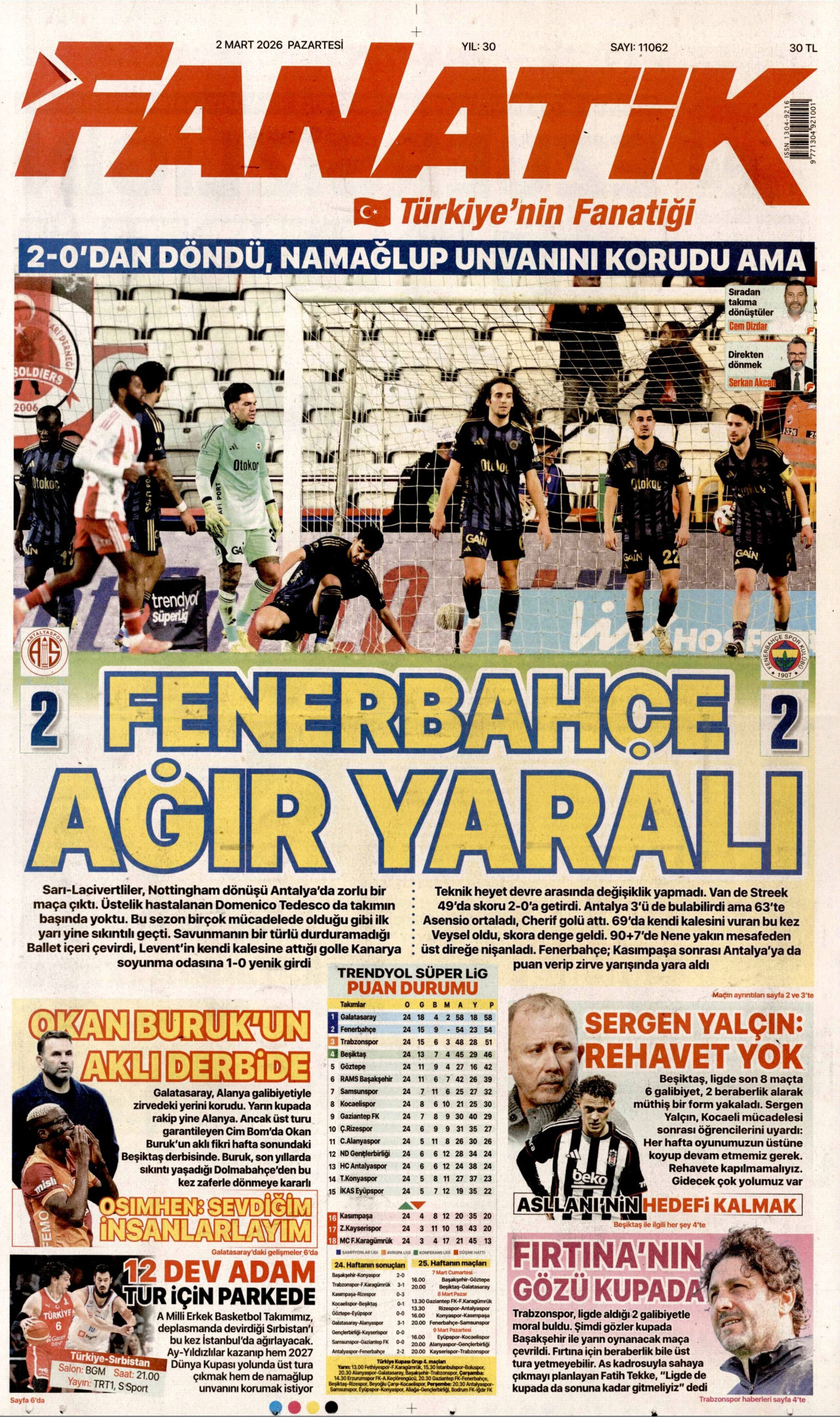 FANATİK gazetesinin 2 Mart 2026 tarihli birinci sayfası