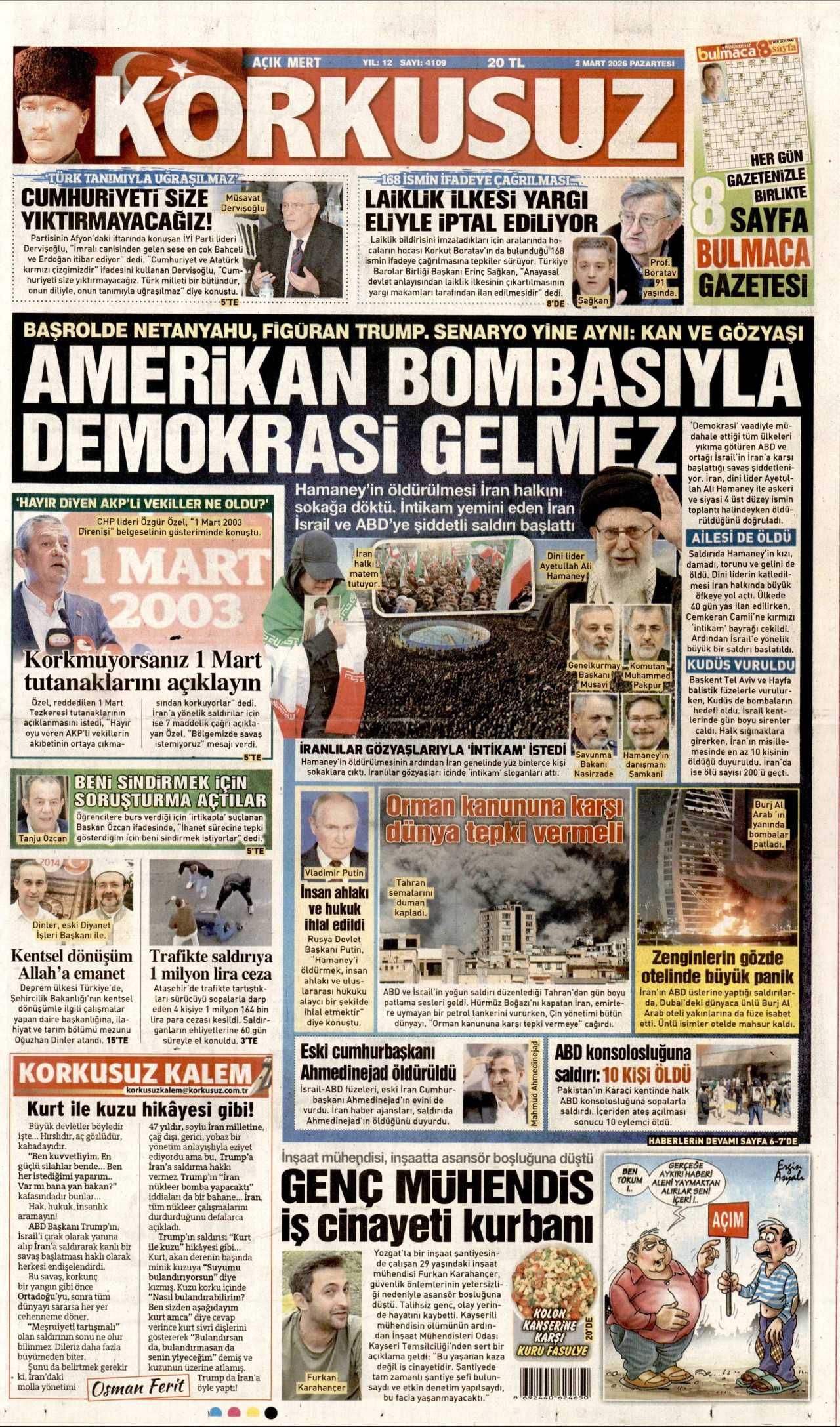 KORKUSUZ gazetesinin 2 Mart 2026 tarihli birinci sayfası