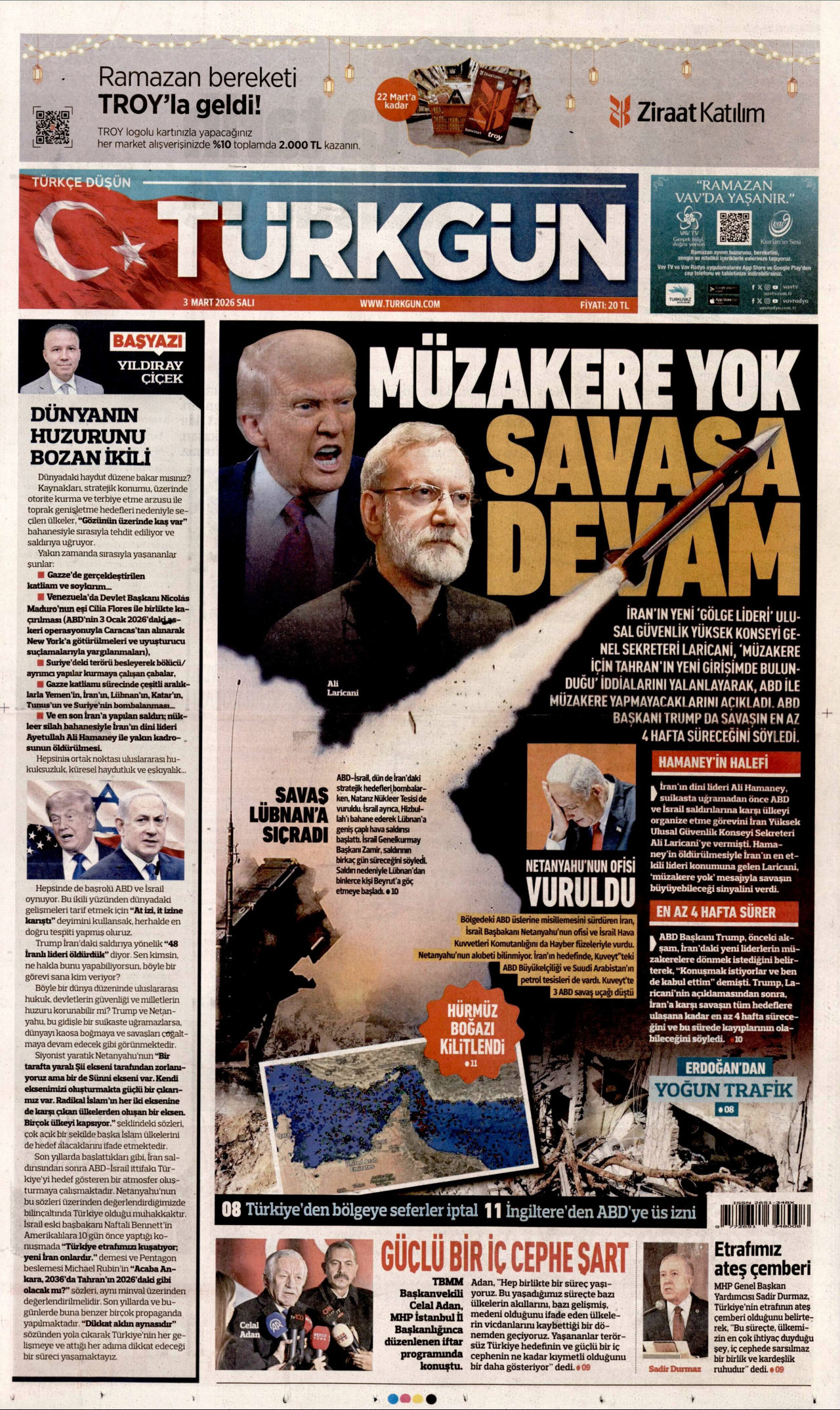 TÜRKGÜN gazetesinin 3 Mart 2026 tarihli birinci sayfası