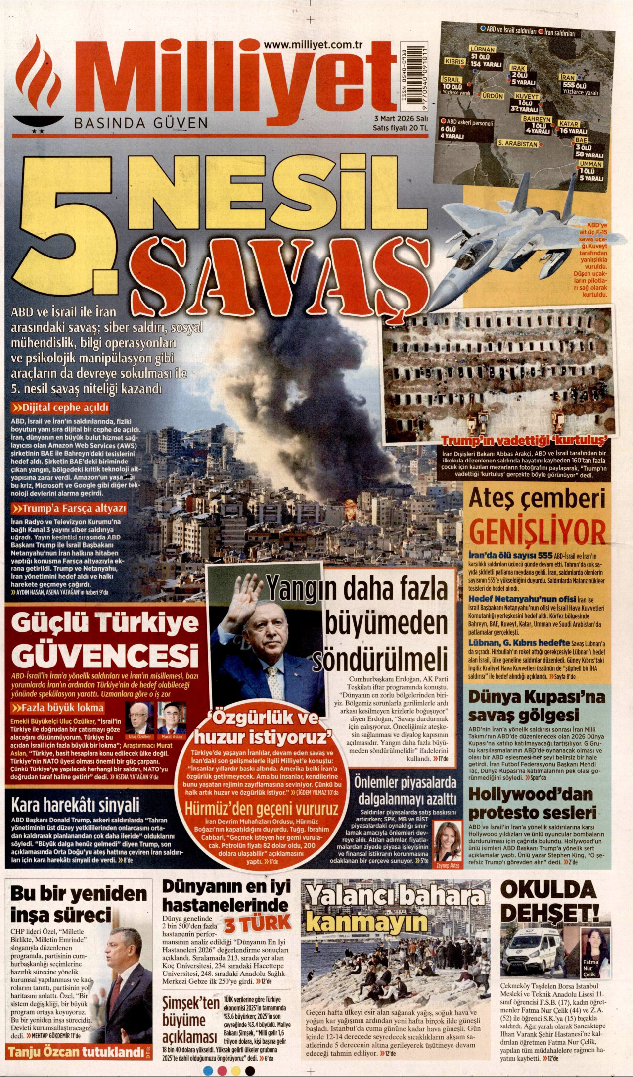 MİLLİYET gazetesinin 3 Mart 2026 tarihli birinci sayfası