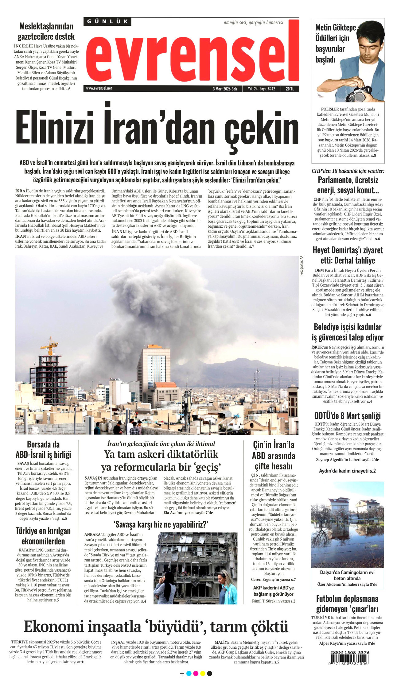 EVRENSEL gazetesinin 3 Mart 2026 tarihli birinci sayfası