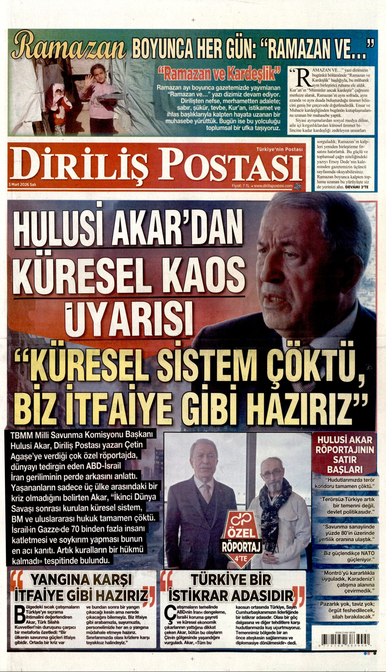 DİRİLİŞ POSTASI gazetesinin 3 Mart 2026 tarihli birinci sayfası