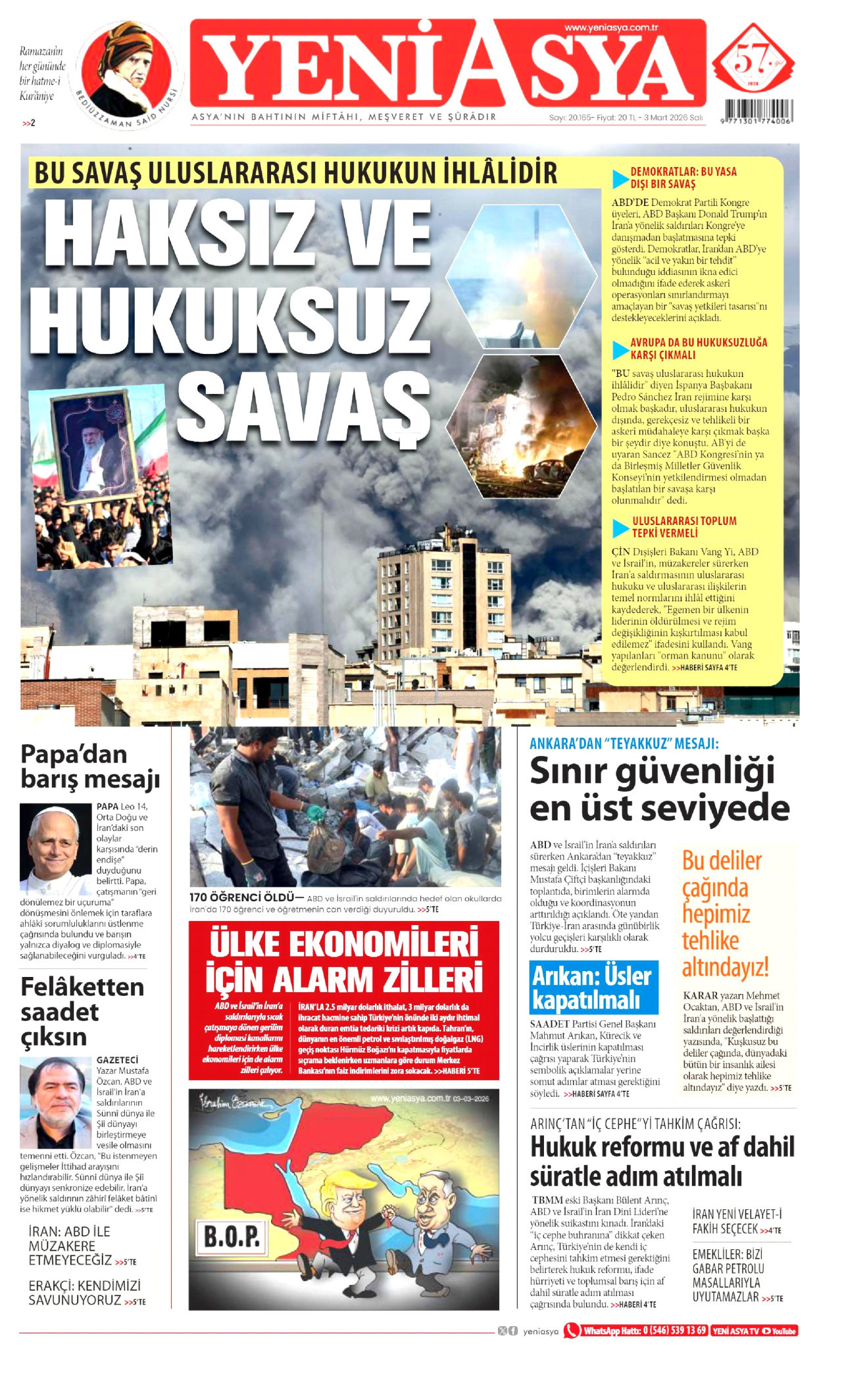 YENİ ASYA gazetesinin 3 Mart 2026 tarihli birinci sayfası