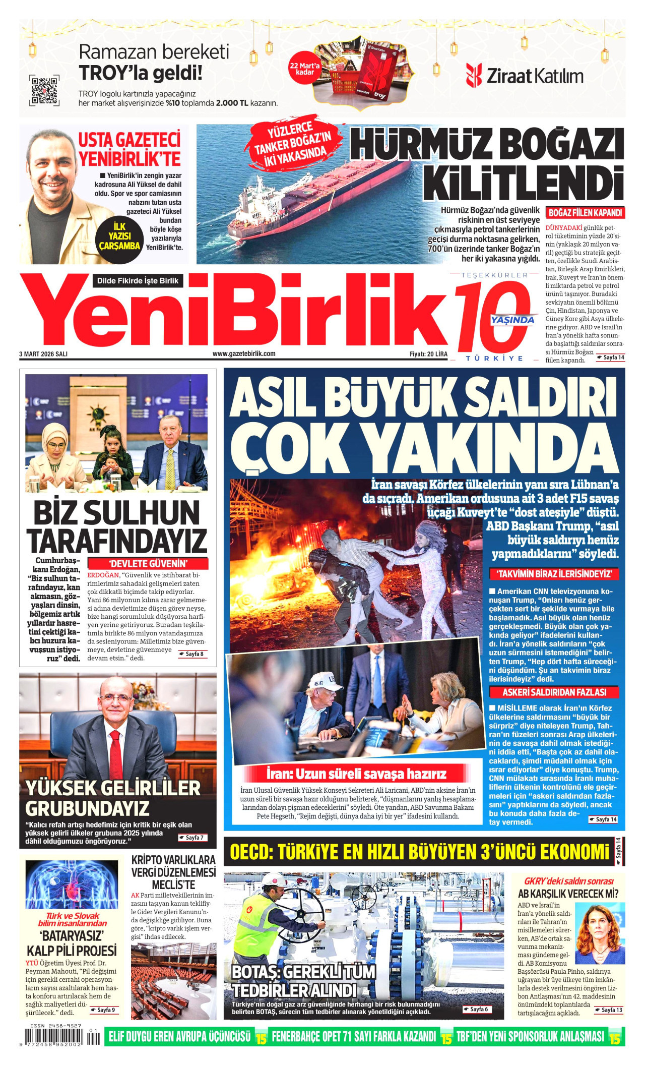 YENİBİRLİK gazetesinin 3 Mart 2026 tarihli birinci sayfası