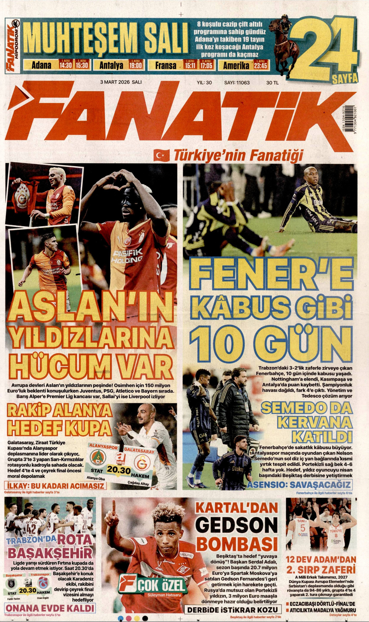FANATİK gazetesinin 3 Mart 2026 tarihli birinci sayfası